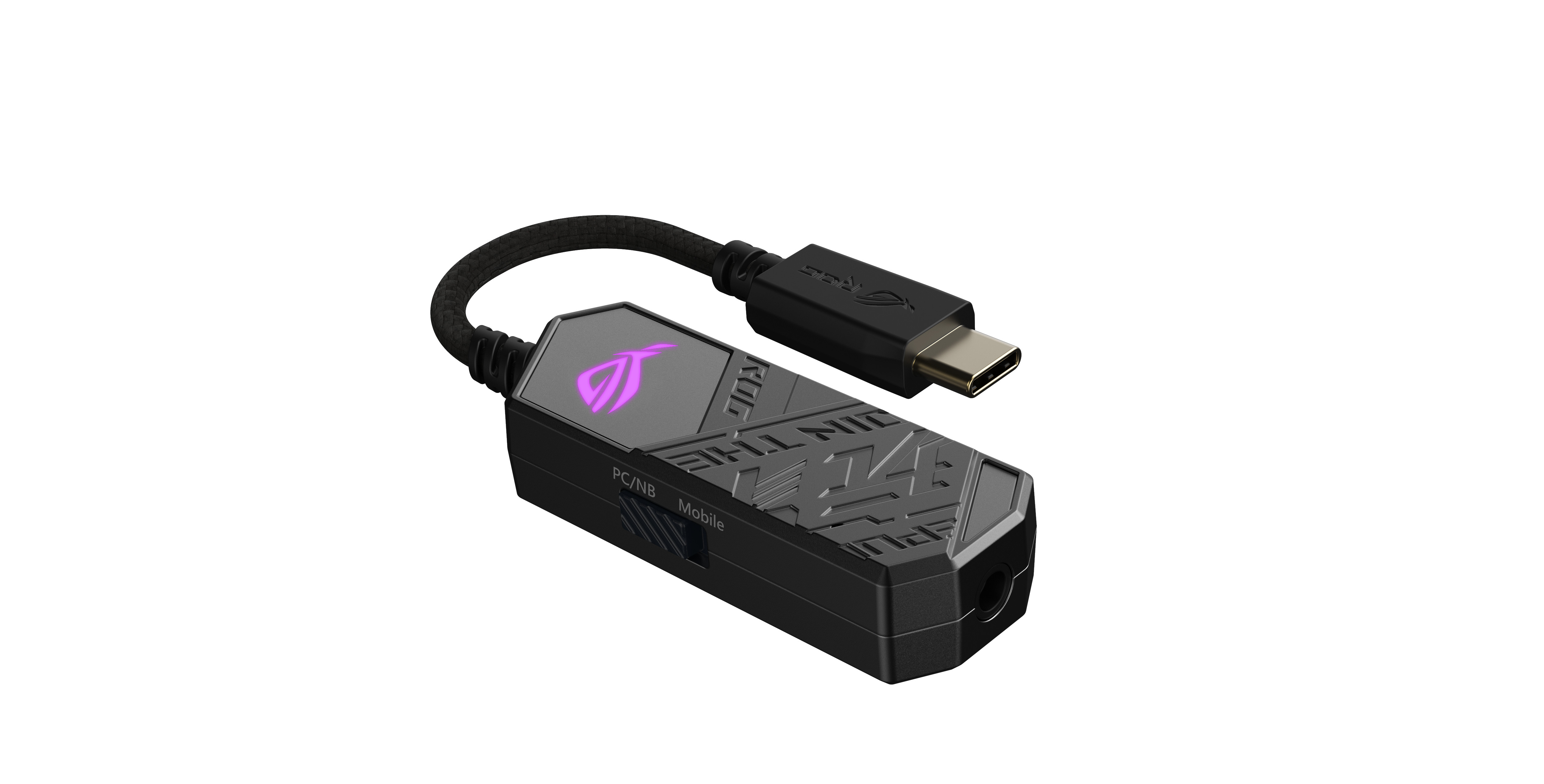 Un dispositivo audio nero con un cavo e un connettore USB-C.