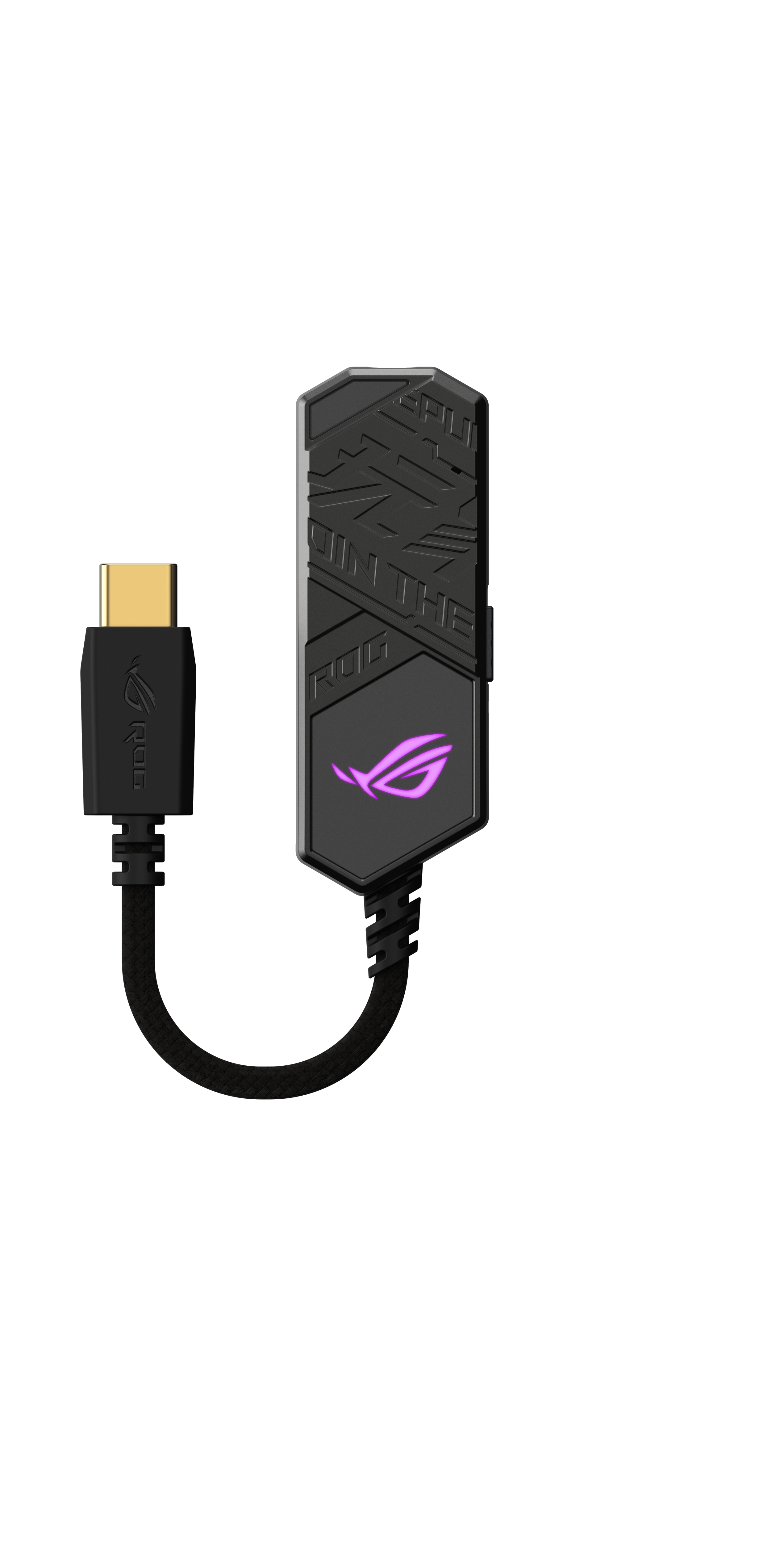 Un dispositivo ROG nero e grigio collegato con un cavo a un connettore USB-C dorato.