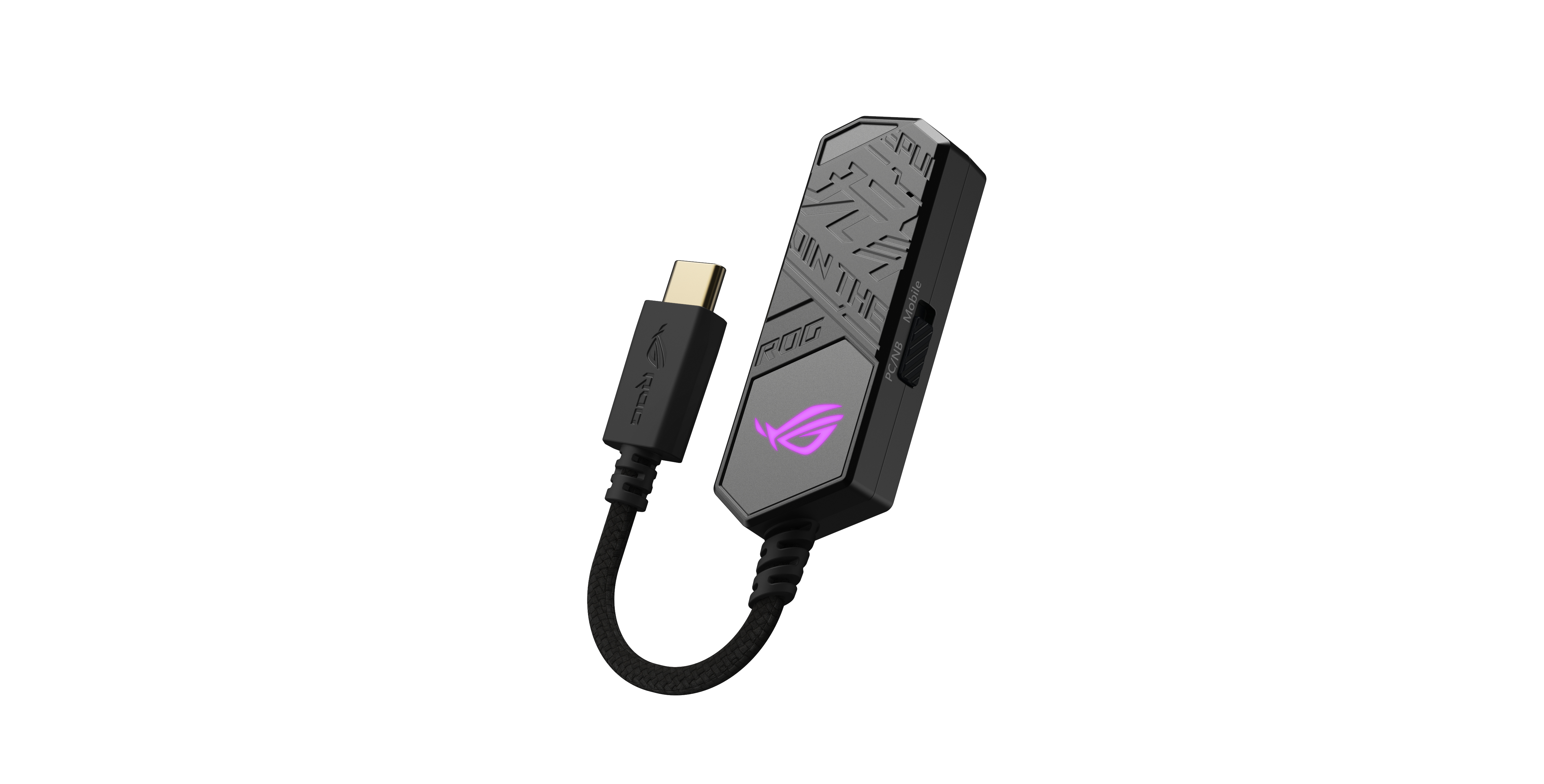 Un adattatore audio ROG nero e grigio con un connettore USB-C, su sfondo bianco.