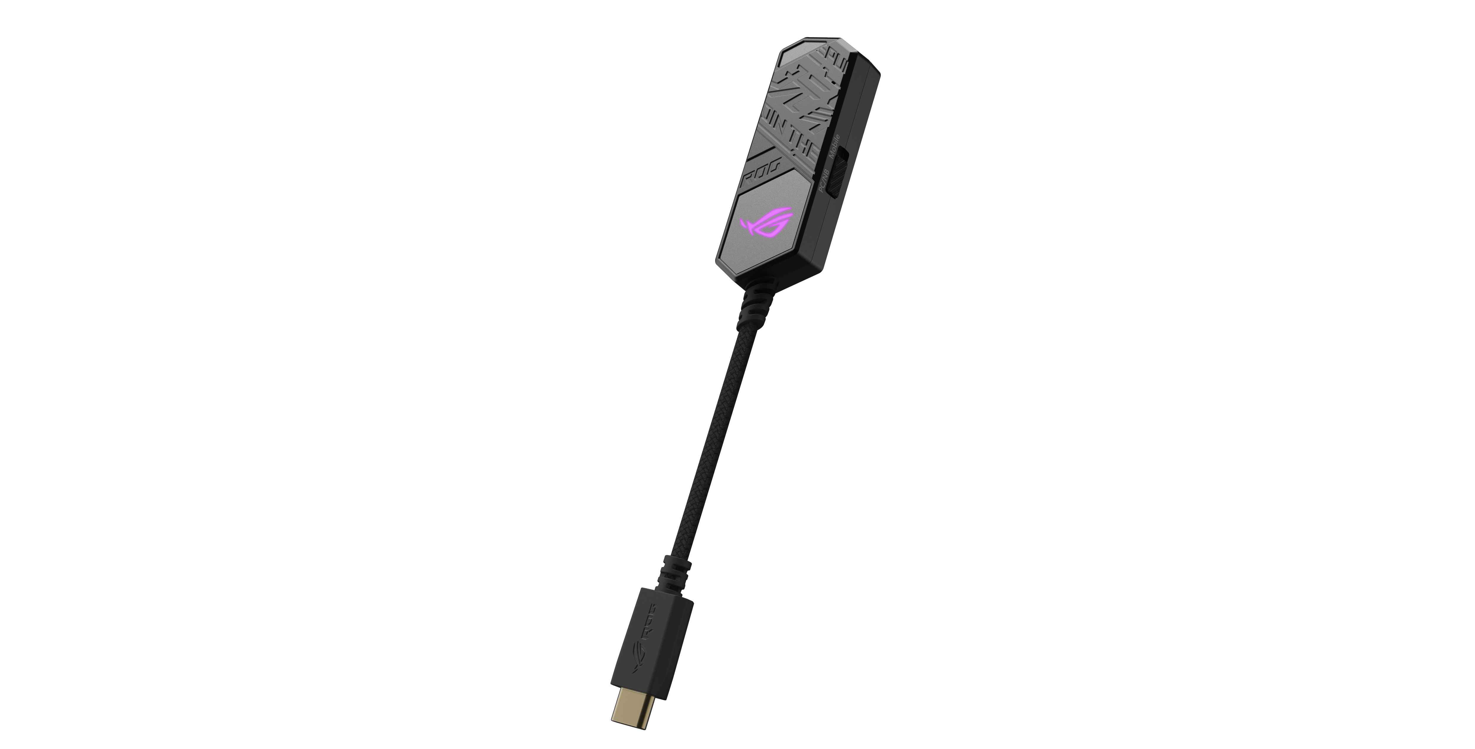 Adattatore audio ROG nero con connettore USB-C, con logo e design su sfondo bianco.