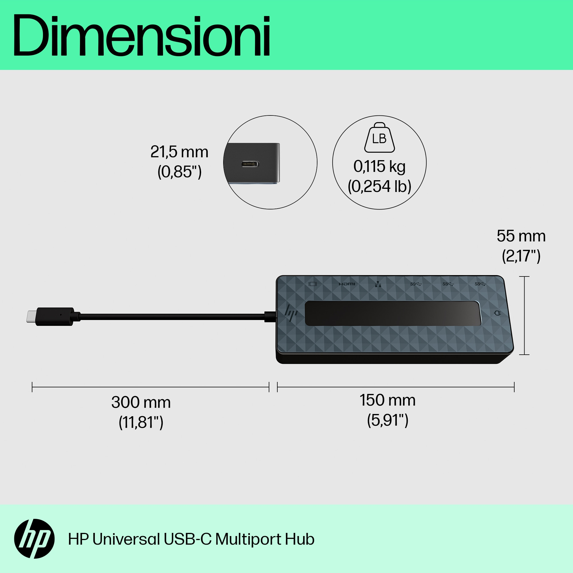 Hub multiporta USB-C HP con dimensioni. Nero con USB-C e altre porte.