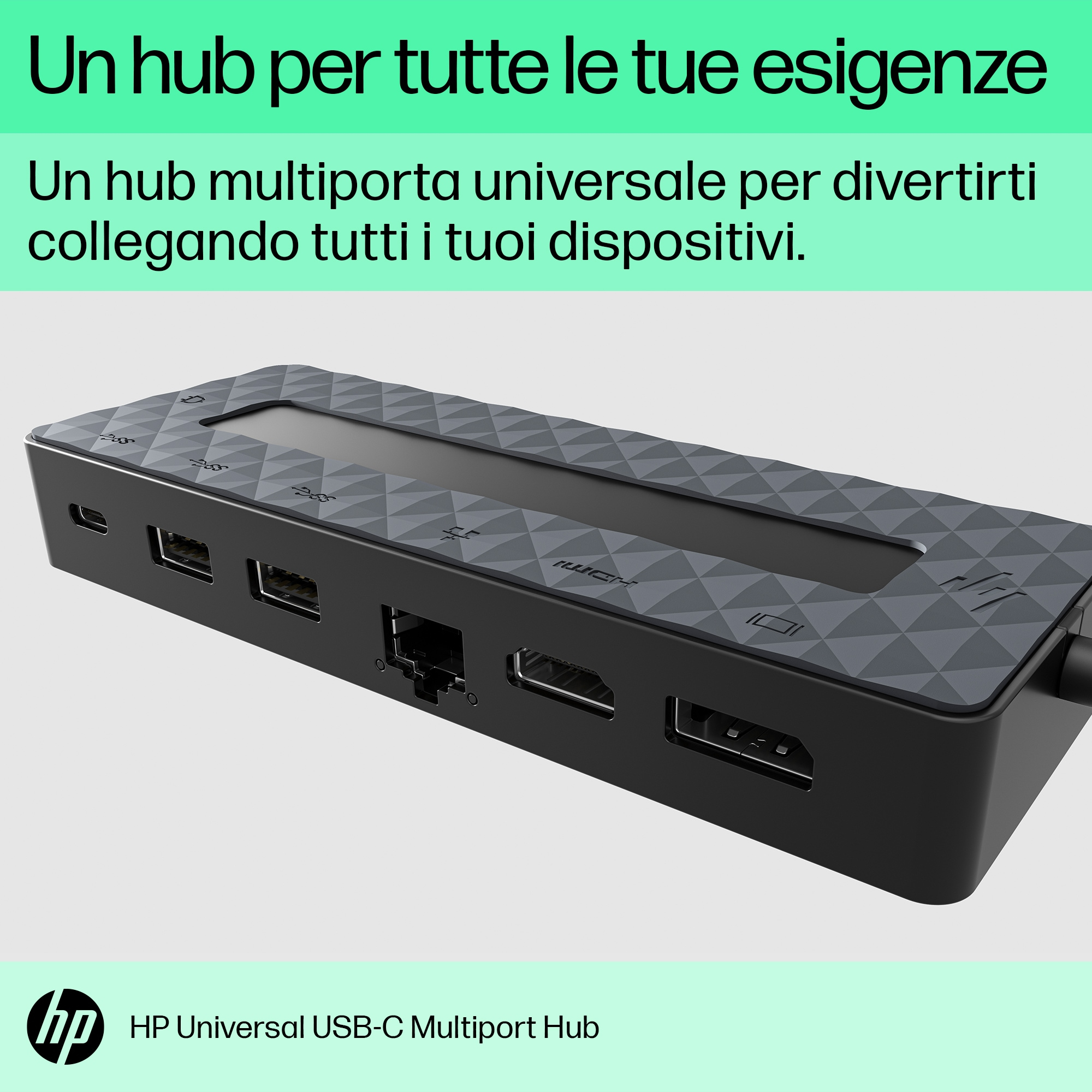 Un hub multiport nero. Ha un top grigio con un design a fantasia e diverse porte. Ha il logo HP.