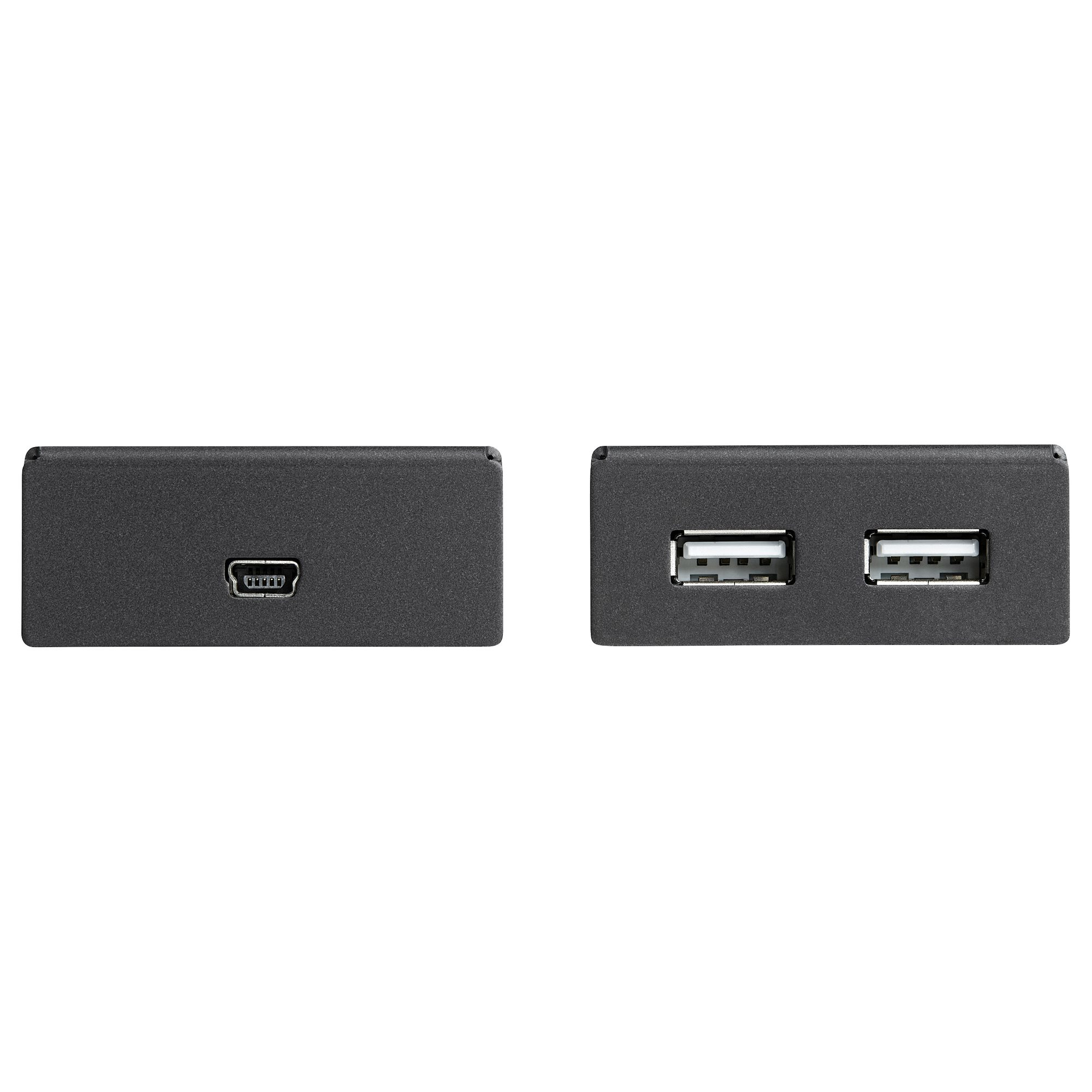 Dos concentradores USB negros, uno con un puerto mini-USB y el otro con dos puertos USB.