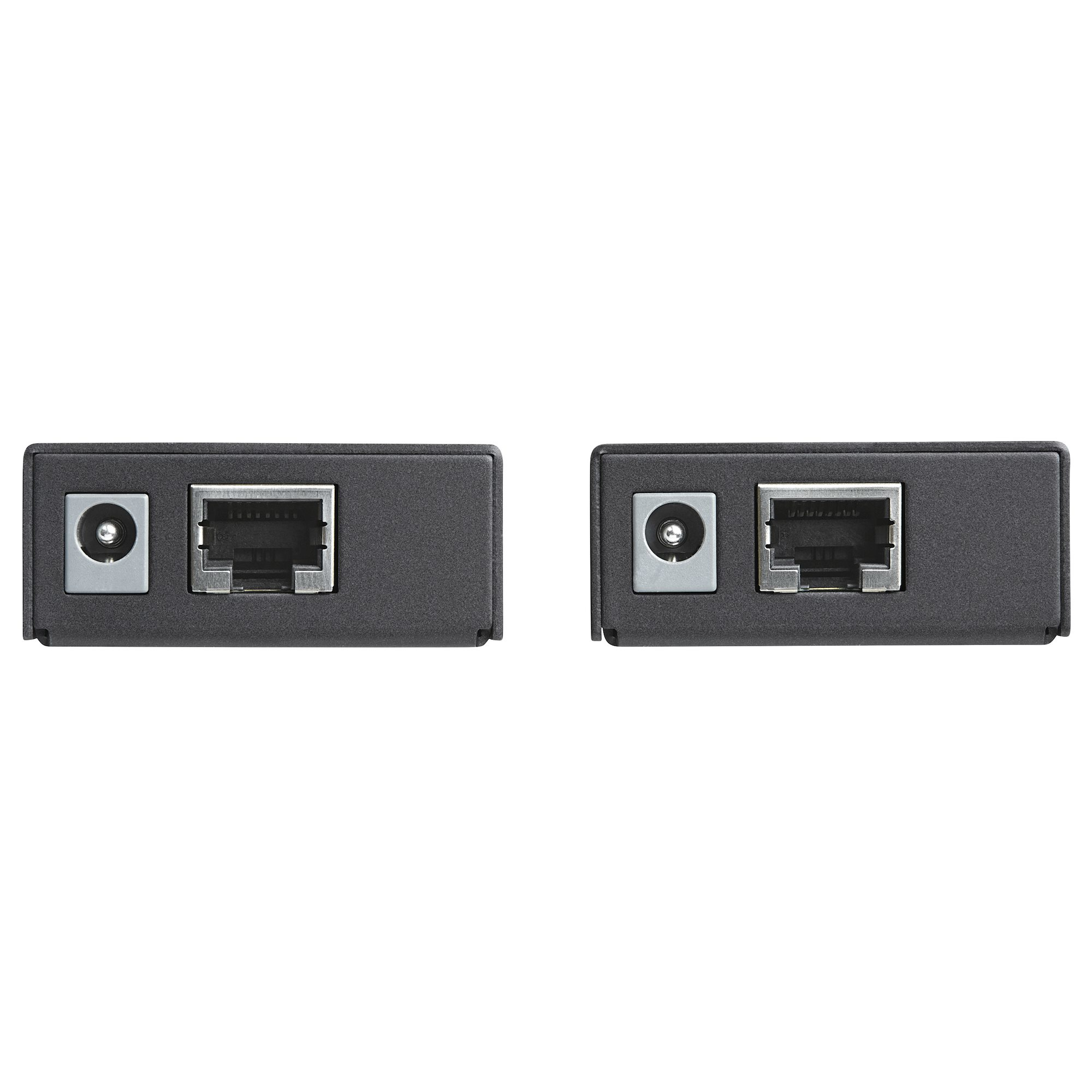 Dos adaptadores de red negros con puertos de alimentación y ethernet, sobre fondo blanco.