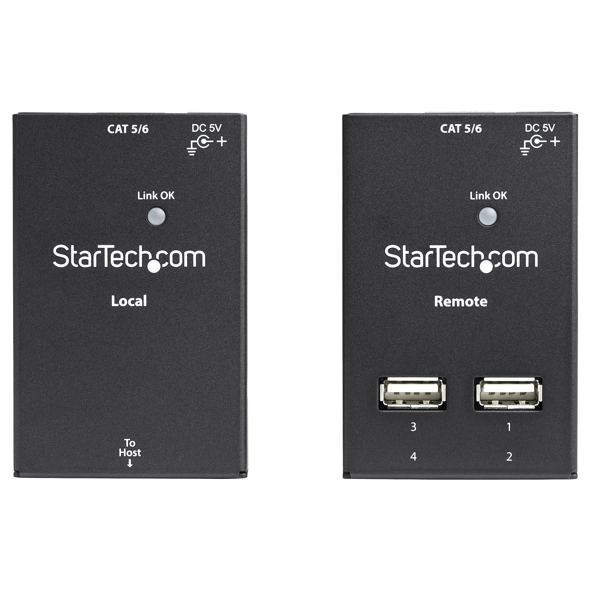 Dos extensores USB StarTech.com negros. Tienen puertos y etiquetas.