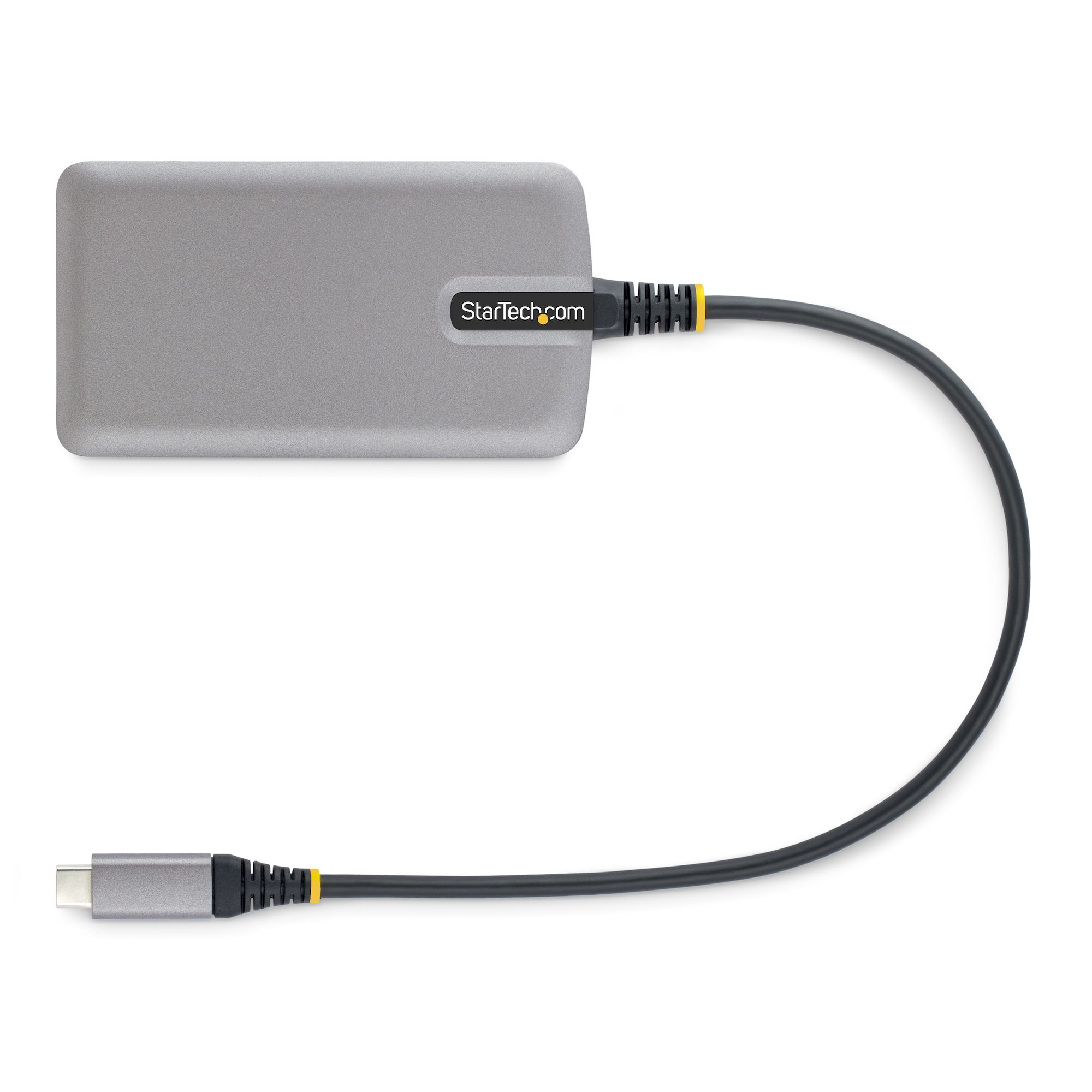 Un adattatore USB-C argentato con un cavo nero e un connettore USB-C. Il logo StarTech.com è presente.