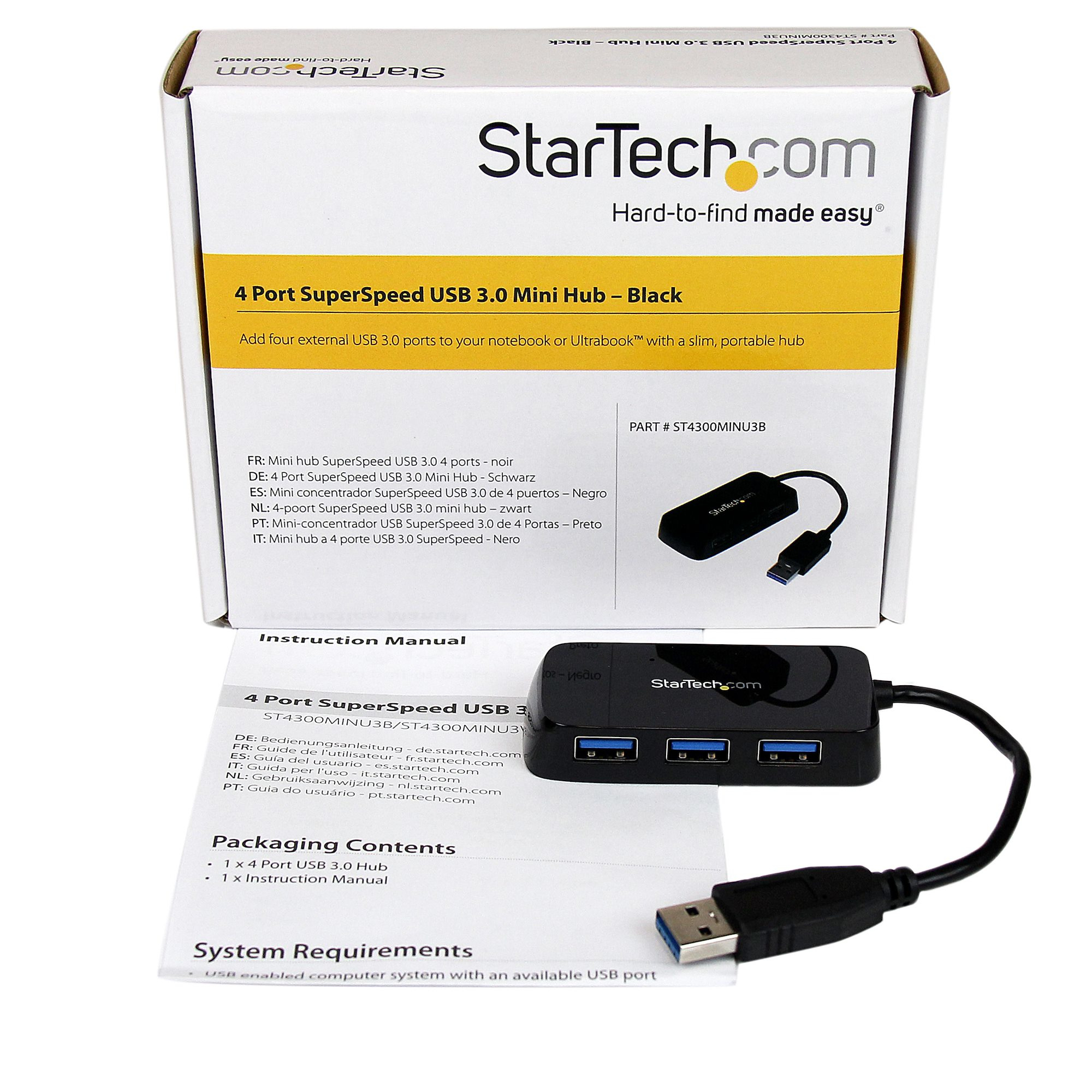 Verpackter 4-Port-USB-Hub und ein separater Hub. Die Box listet Funktionen und Spezifikationen auf.