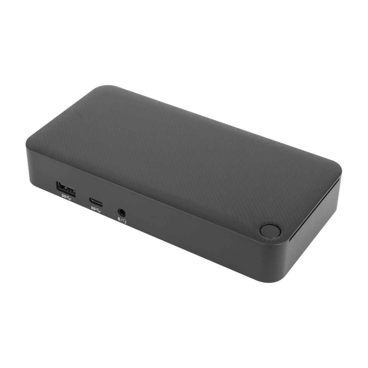 Ein schwarzes Gerät mit USB-Anschlüssen links. Das Gerät hat ein mattes Finish und ist rechteckig.