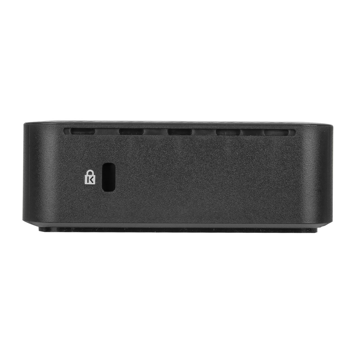 Schwarzer Router mit dem Schloss-Symbol, ein kleines quadratisches Gerät mit abgerundeten Kanten, auf Weiß.
