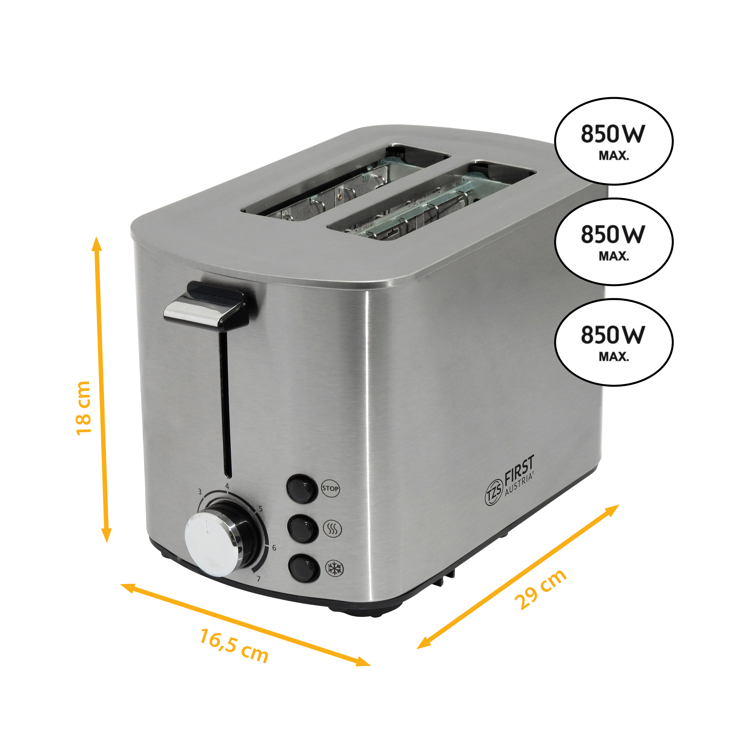 Silberner Toaster aus Edelstahl mit zwei Schlitzen, mit Abmessungen und Leistung gekennzeichnet.