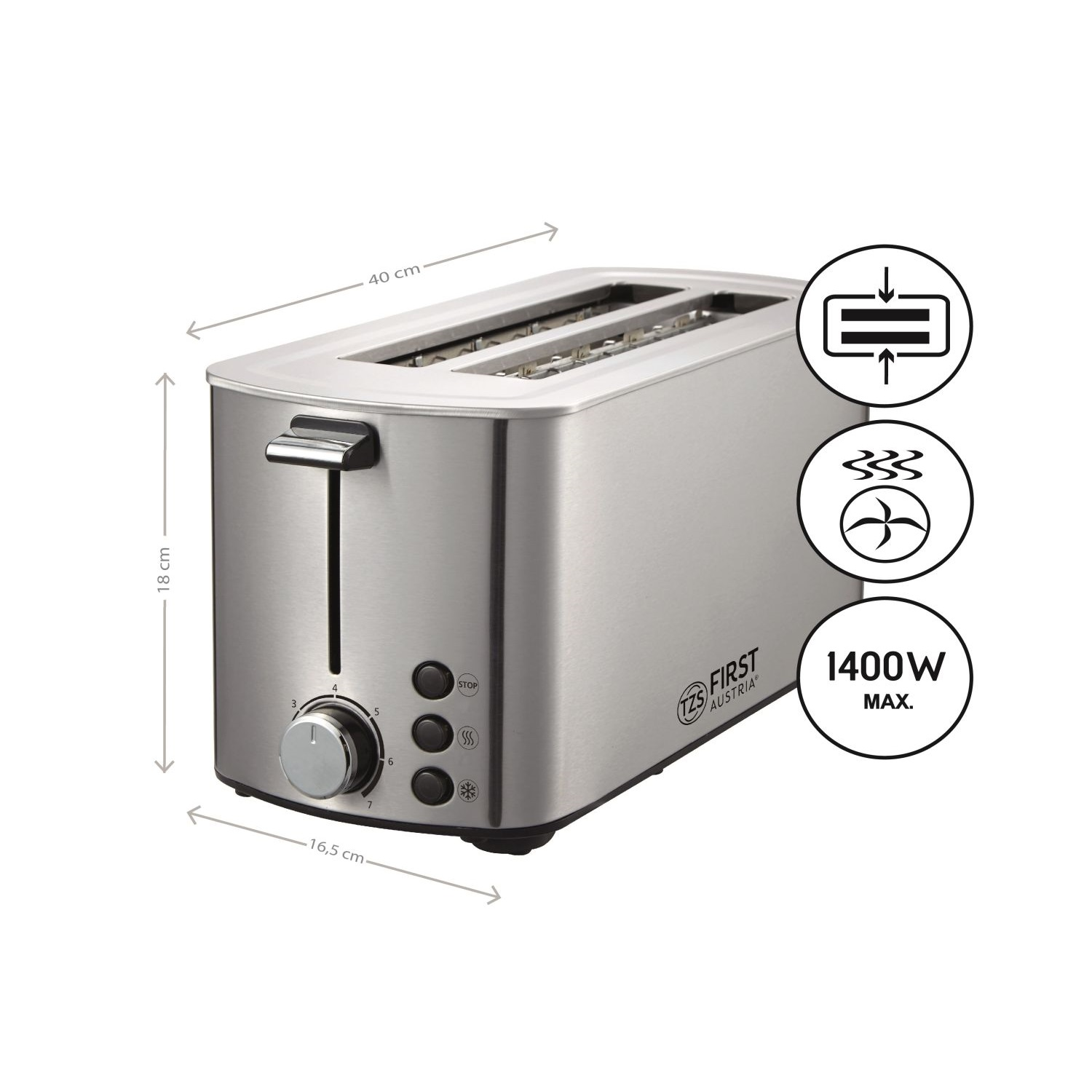 Toaster aus Edelstahl mit Maßen und Symbolen. Drehrad, Knöpfe, zeigt Abmessungen.