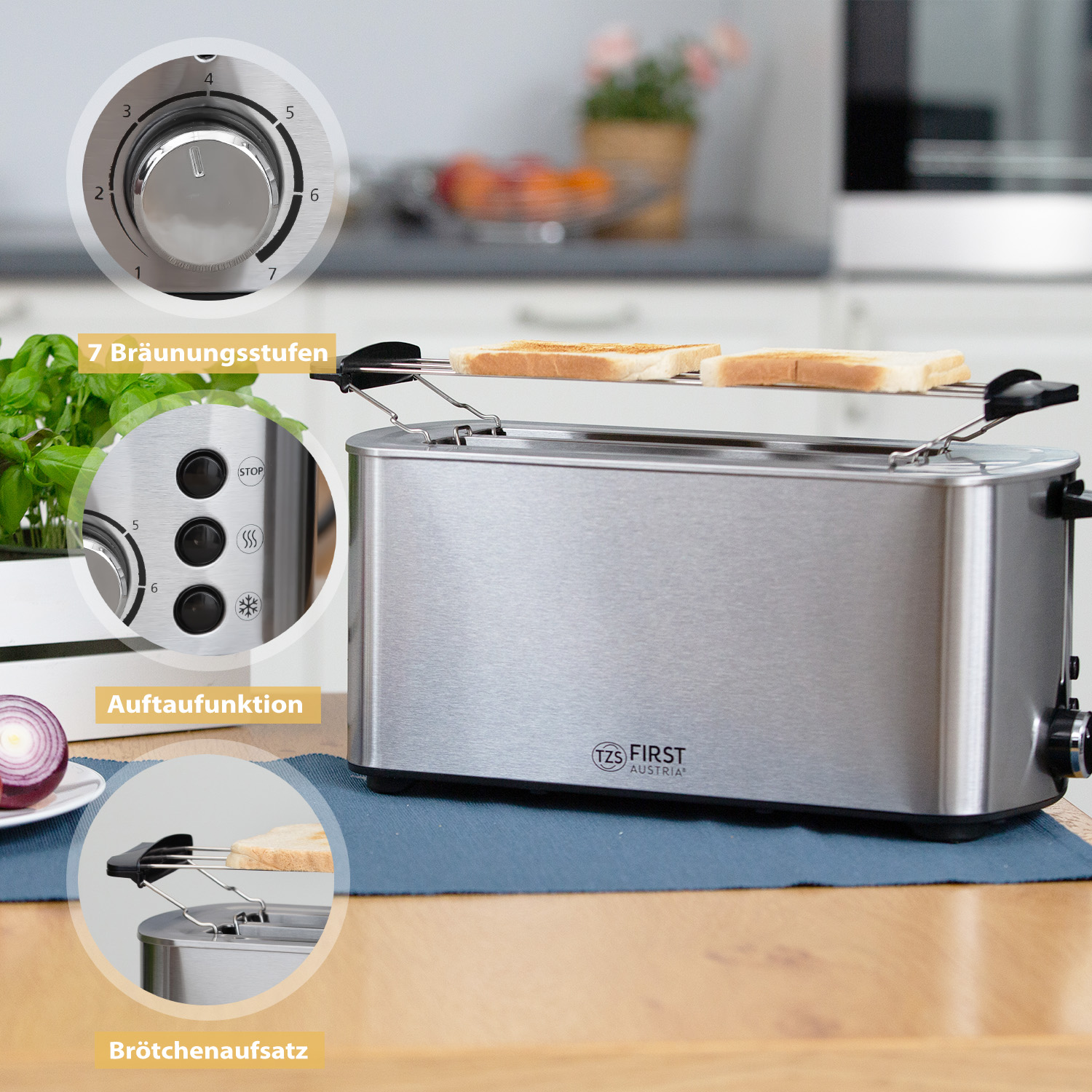 Toaster aus Edelstahl mit Brot, Drehreglern und Detailaufnahmen auf weißem Hintergrund.
