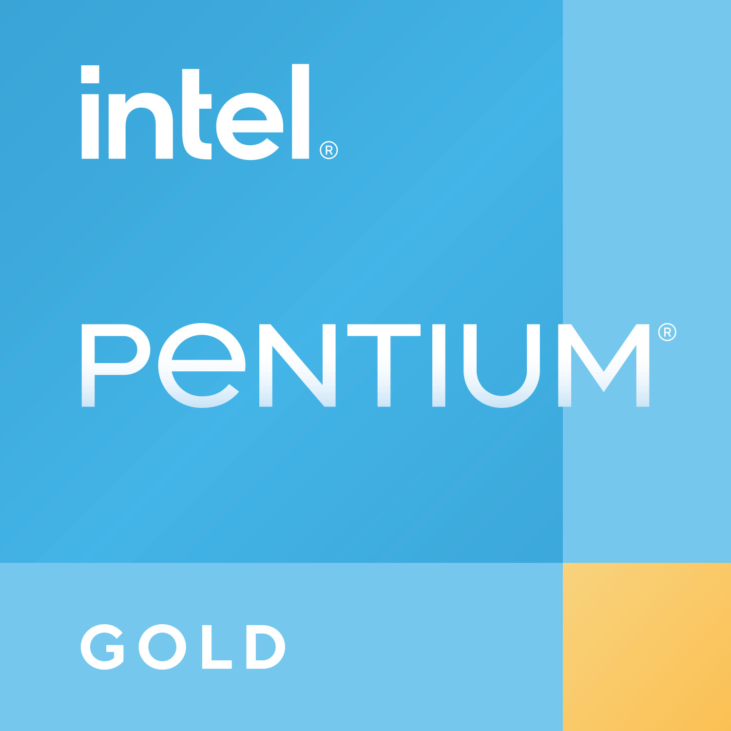 Logo Intel Pentium Gold na niebiesko-żółtym tle.