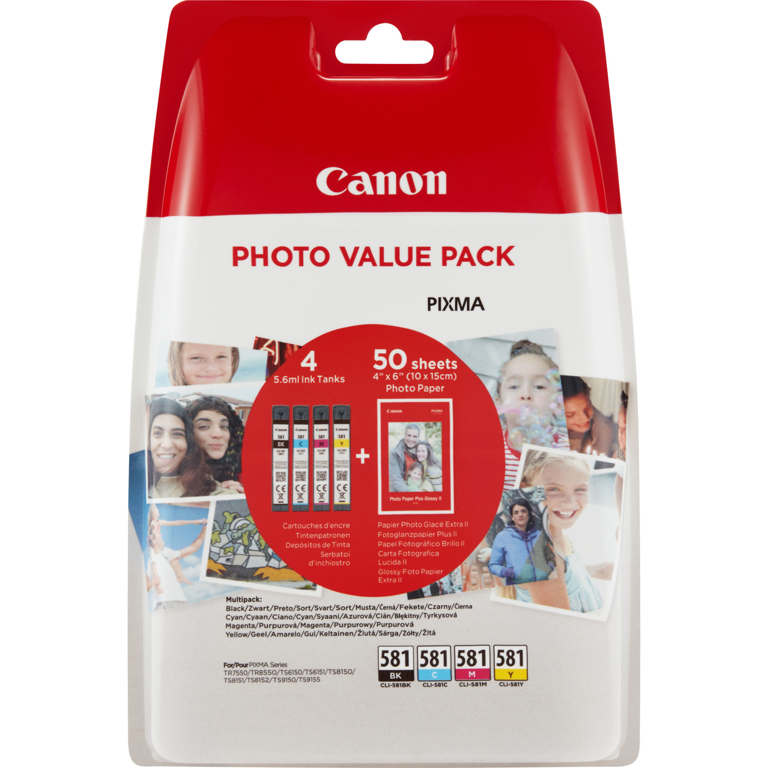 Confezione Canon Photo Value Pack con cartucce d'inchiostro e carta fotografica, con immagini.
