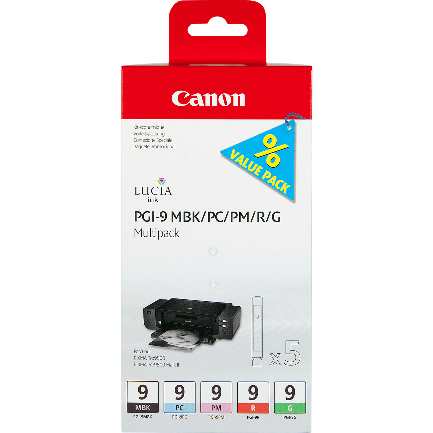 A Canon printer ink cartridge multipack. The box is red and white with various ink colors.