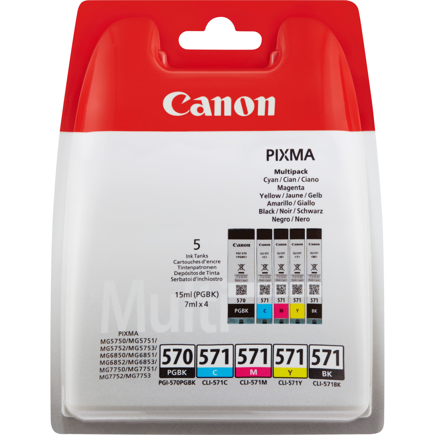 Wkłady atramentowe Canon w blistrze. Kolory: cyjan, magenta, żółty i czarny.