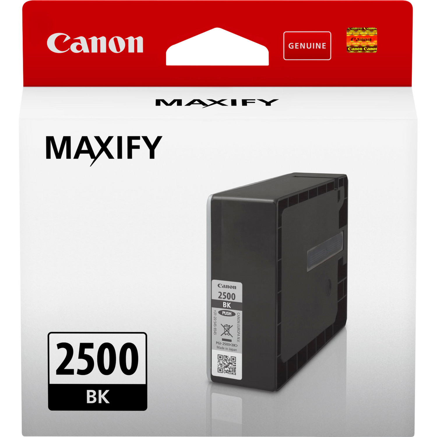 Cartouche d'encre Canon MAXIFY 2500 BK dans sa boîte, avec la cartouche visible et une boîte.
