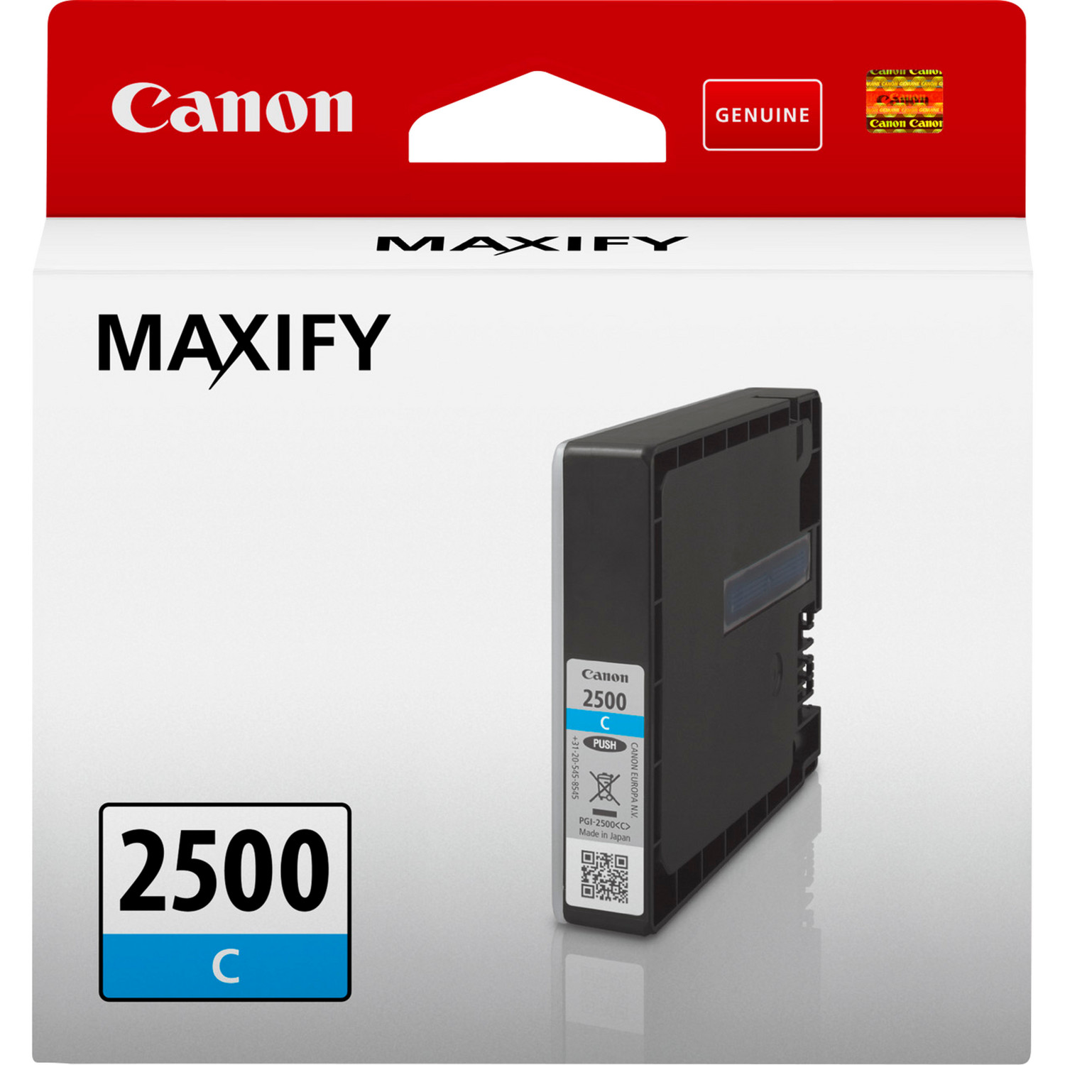 Pudełko z wkładem atramentowym Canon Maxify. Czerwono-białe opakowanie. Czarny wkład.