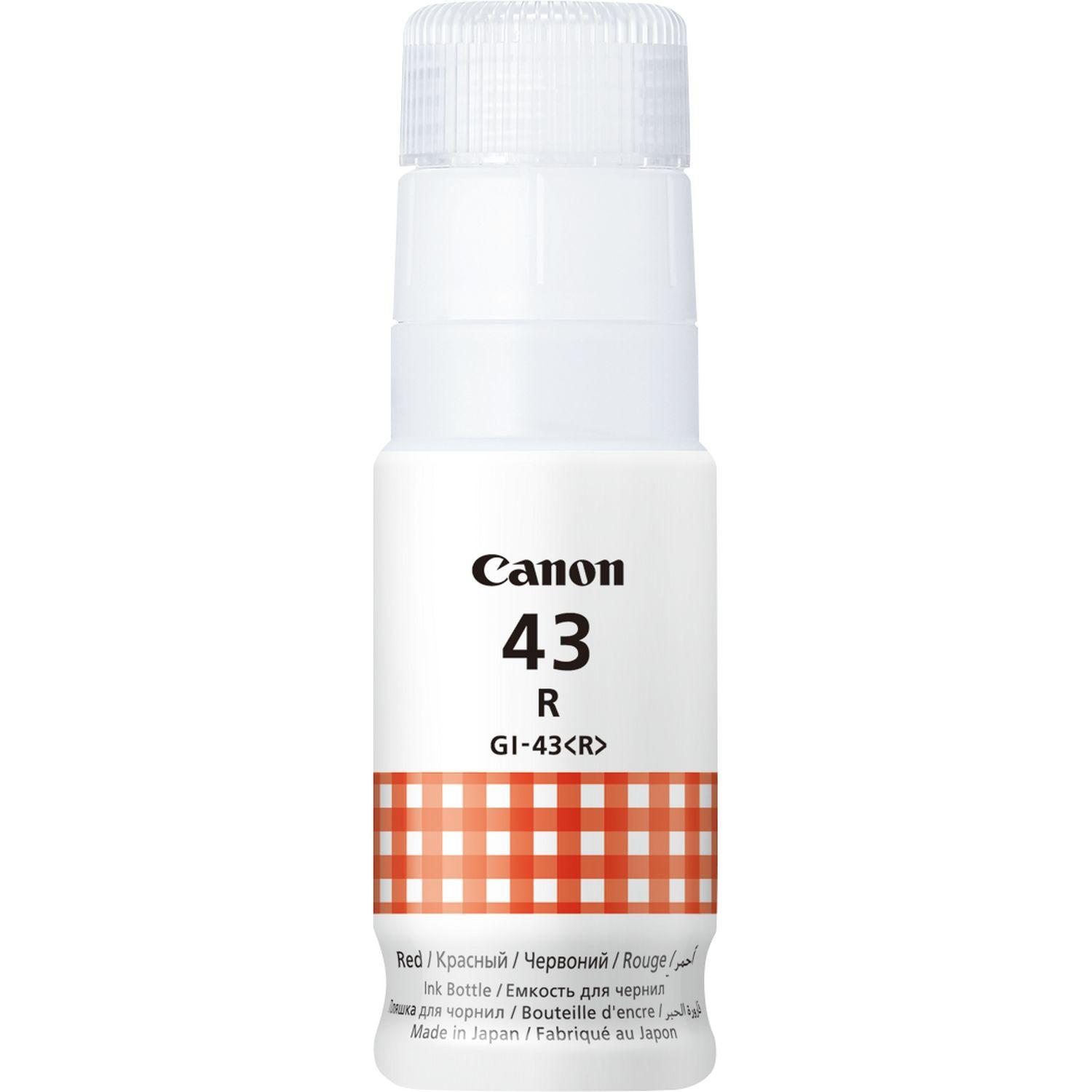 A white Canon ink bottle with a red and white checkered label. The bottle's cap is clear.