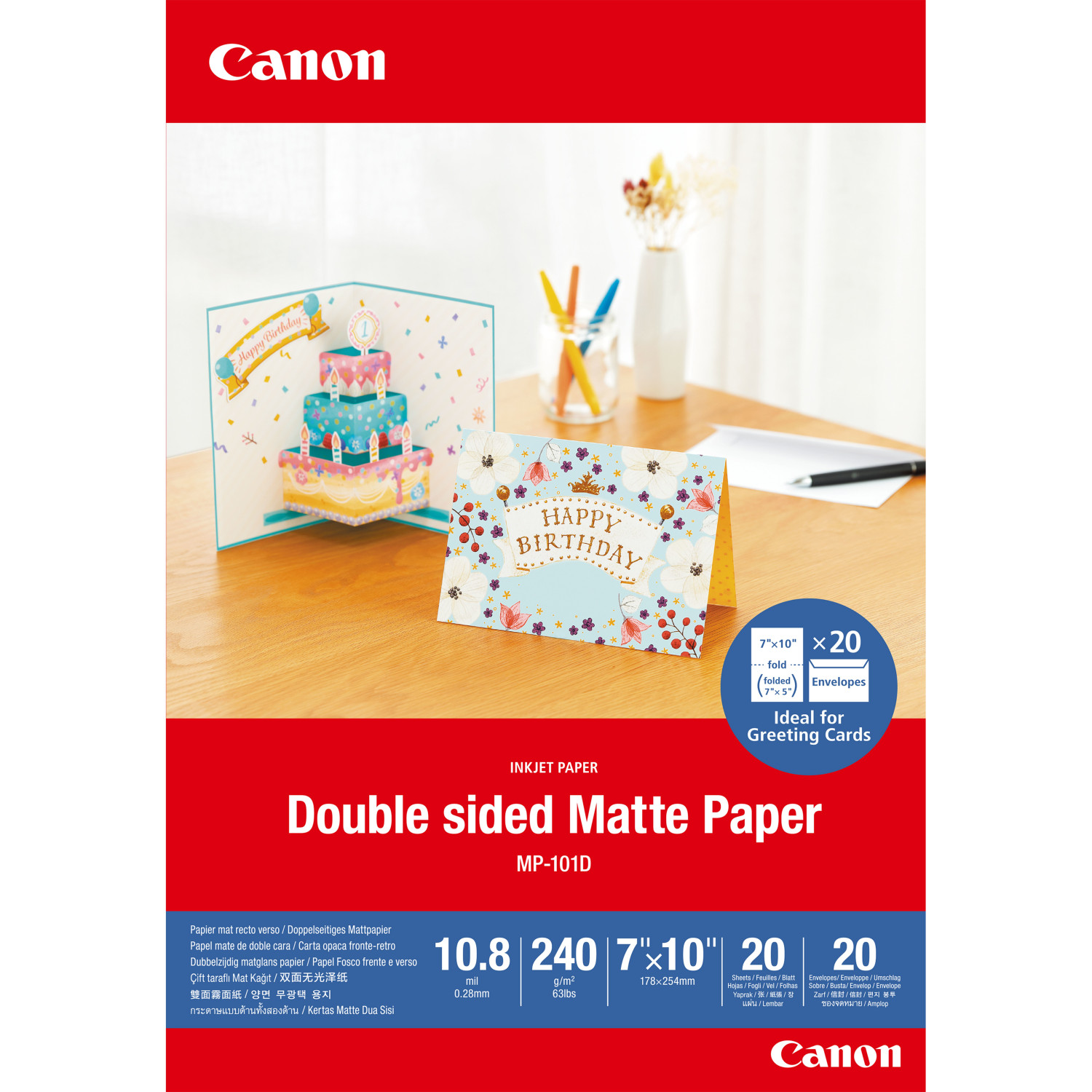 Canon beidseitiges mattes Papier. Eine Geburtstagskarte liegt auf dem Tisch mit Kuchendarstellung.
