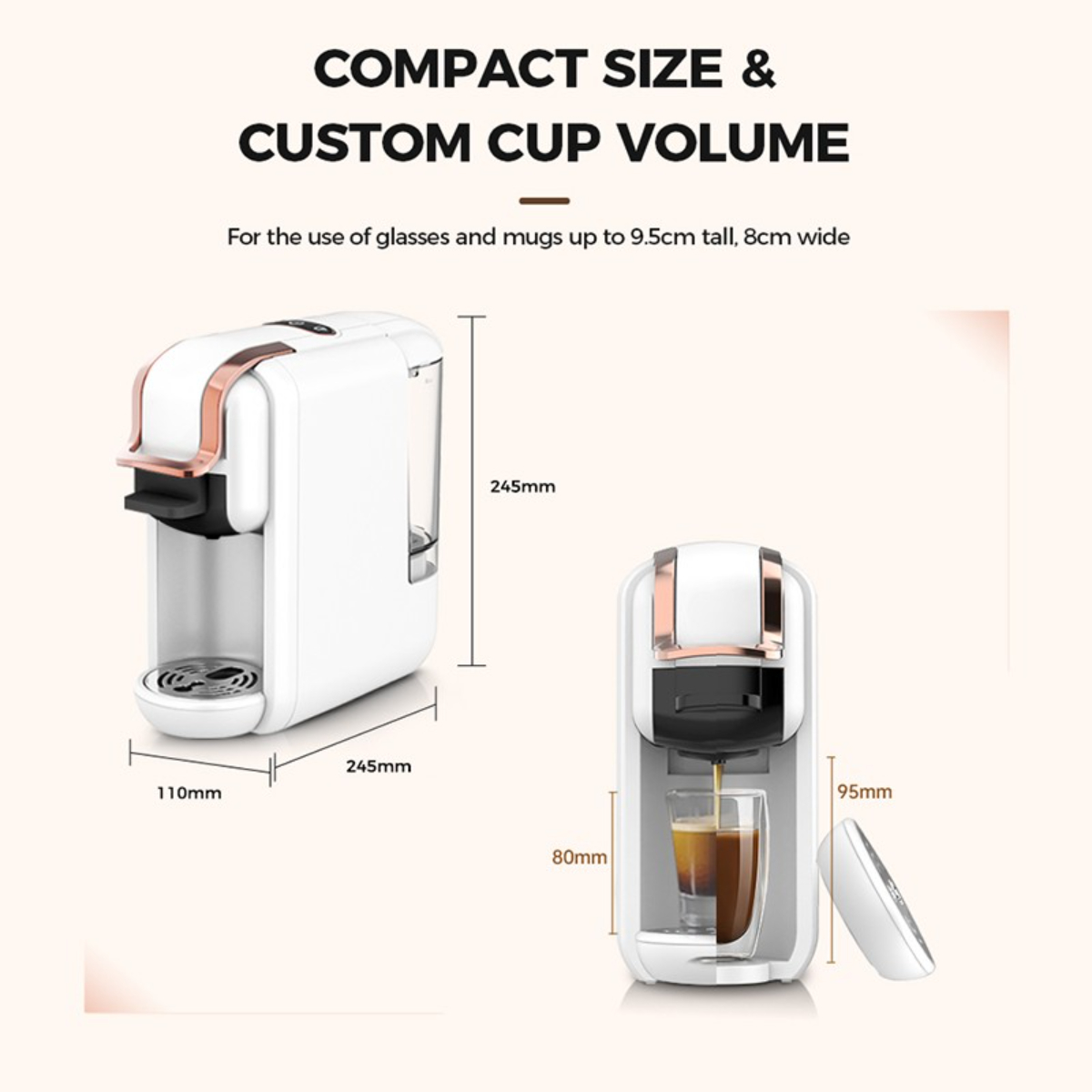 Eine weiße Kaffeemaschine mit roségoldenen Akzenten, die Messungen und das Eingießen des Kaffees zeigt.