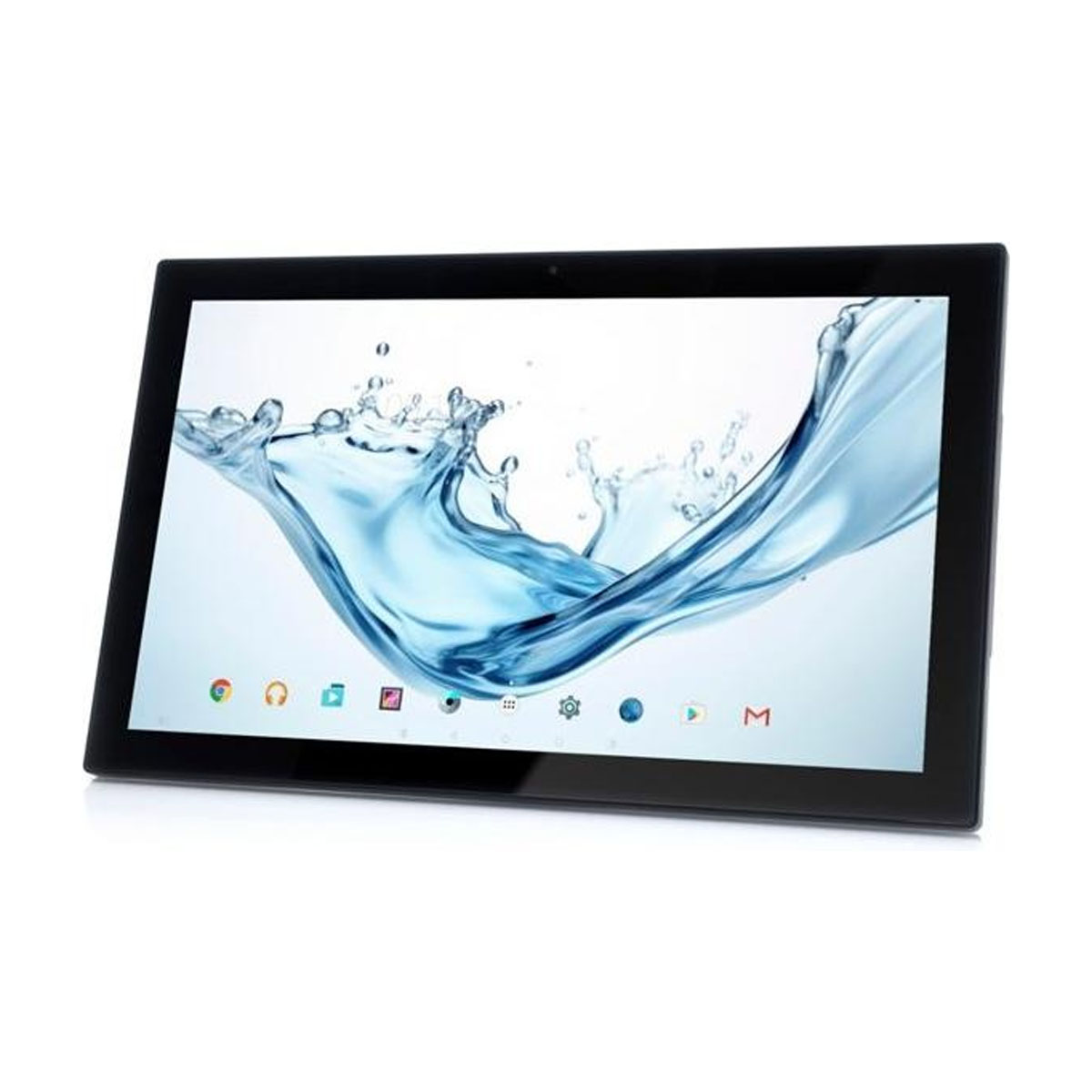 Ein schwarzes Tablet, das einen Wasserspritzer mit Apps am unteren Rand und einem weißen Hintergrund zeigt.
