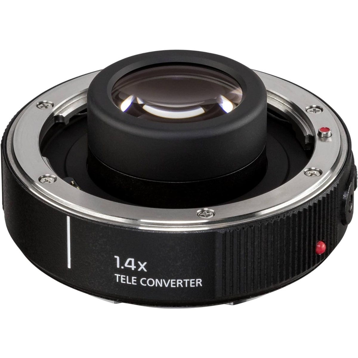 Ein schwarzer 1,4x Telekonverter. Es hat einen silbernen Ring um die Linse und Text, der 1,4x TELE CONVERTER sagt.