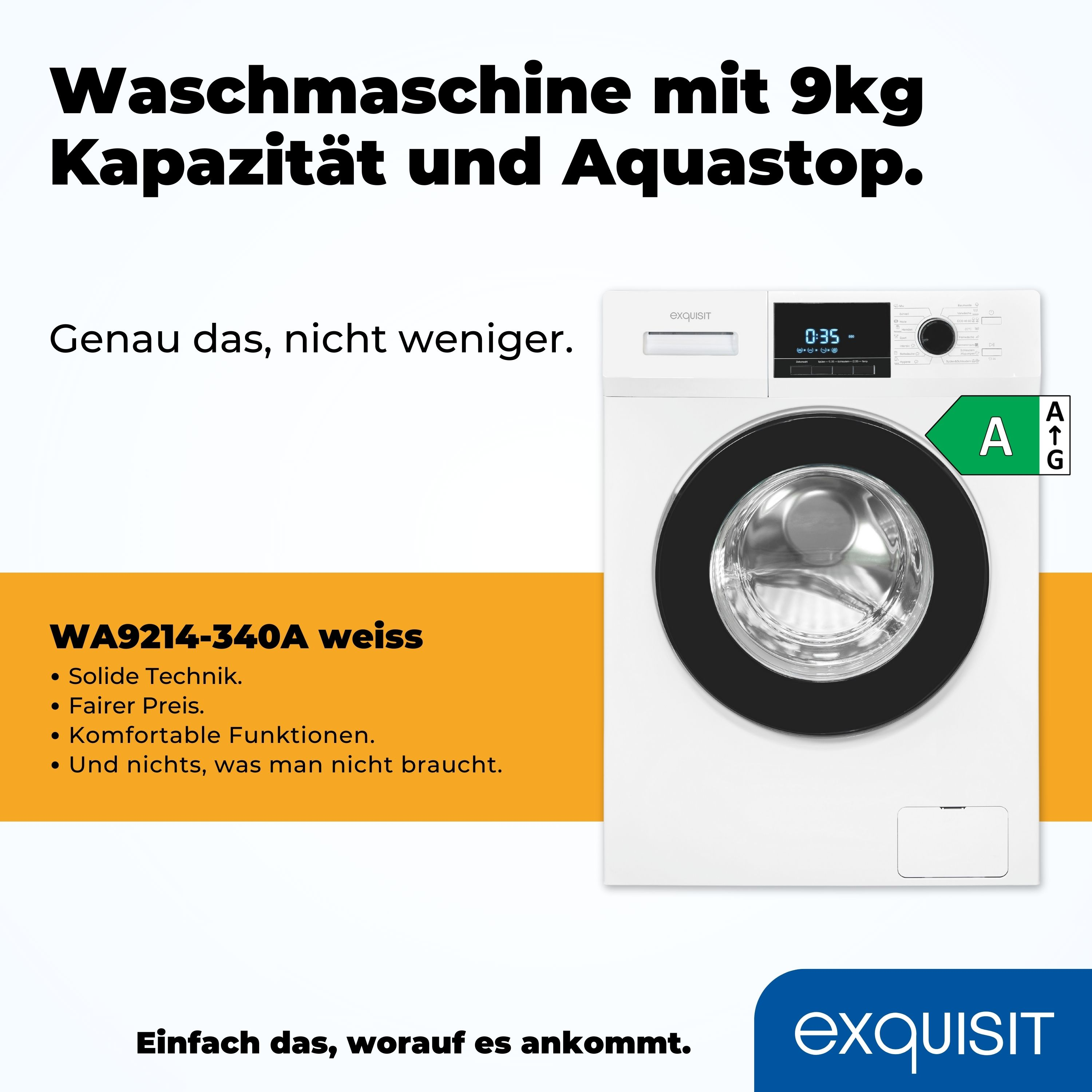 Weiße Waschmaschine mit schwarzer Tür und Energielabel. Text auf Deutsch: 'Waschmaschine mit 9kg Kapazität'.