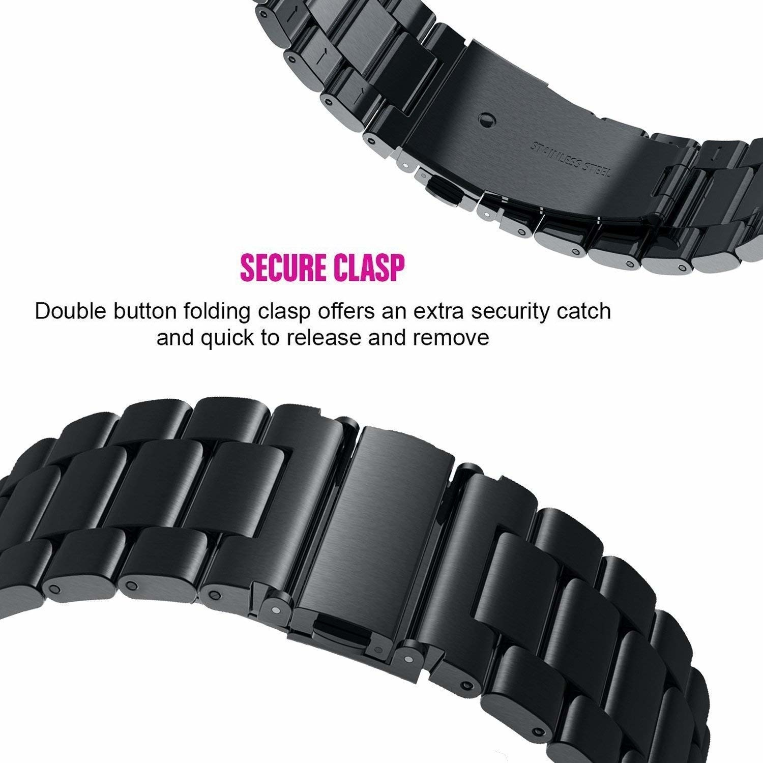 Schwarzes Edelstahl-Uhrenarmband mit sicherem Verschluss, Nahaufnahme. Der Text lautet 'EDELSTAHL'.