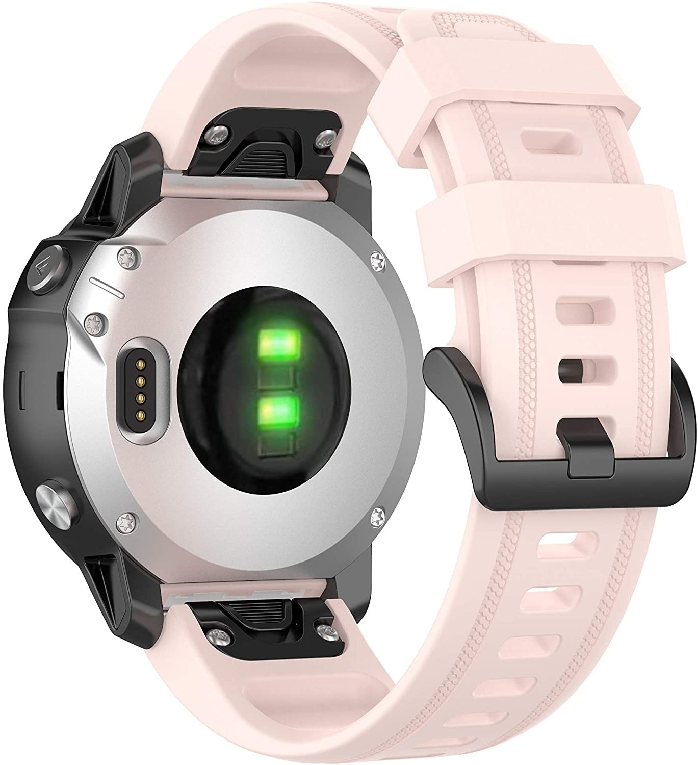 Rückseite einer Smartwatch mit pinkfarbenem Armband, zeigt Herzfrequenzsensor und Ladeanschlüsse.