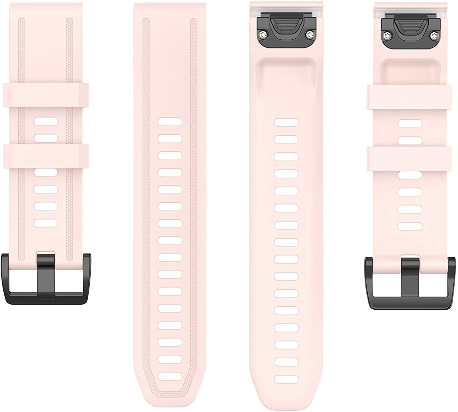Vier rosa Uhrenarmbänder. Jedes hat schwarze Schnallen und Löcher zur Anpassung.