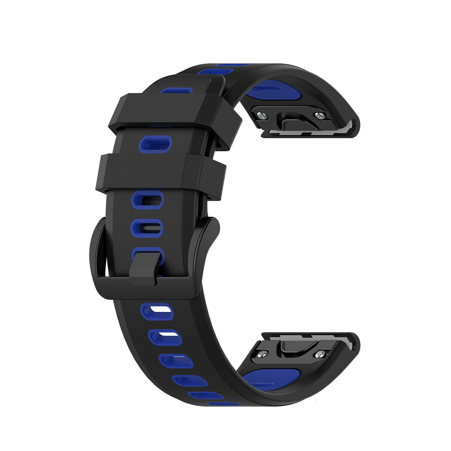 Schwarzes und blaues Uhrenarmband mit Schnalle und Verbindungsteilen, vor weißem Hintergrund.