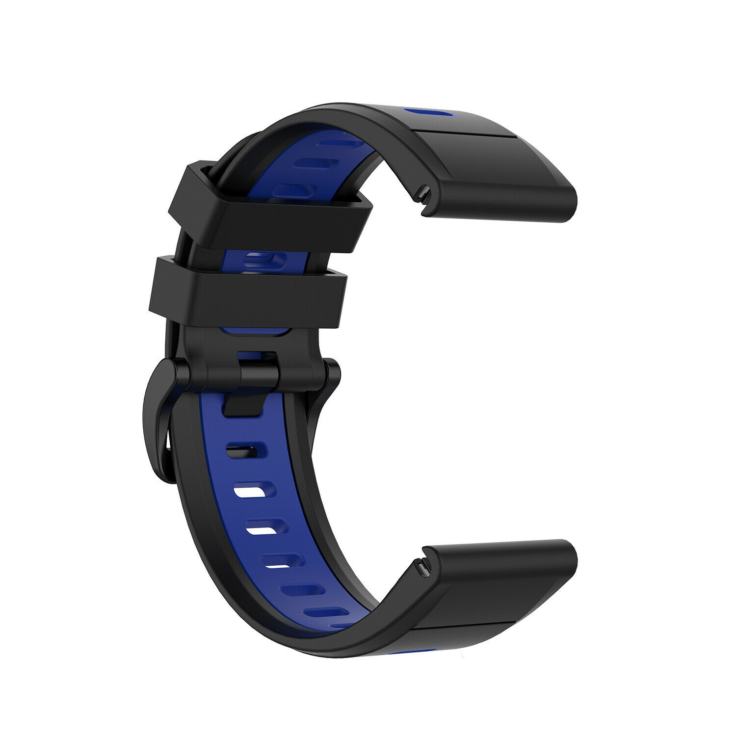 Schwarzes und blaues Uhrenarmband mit Verschluss. Es hat ein gebogenes Design.