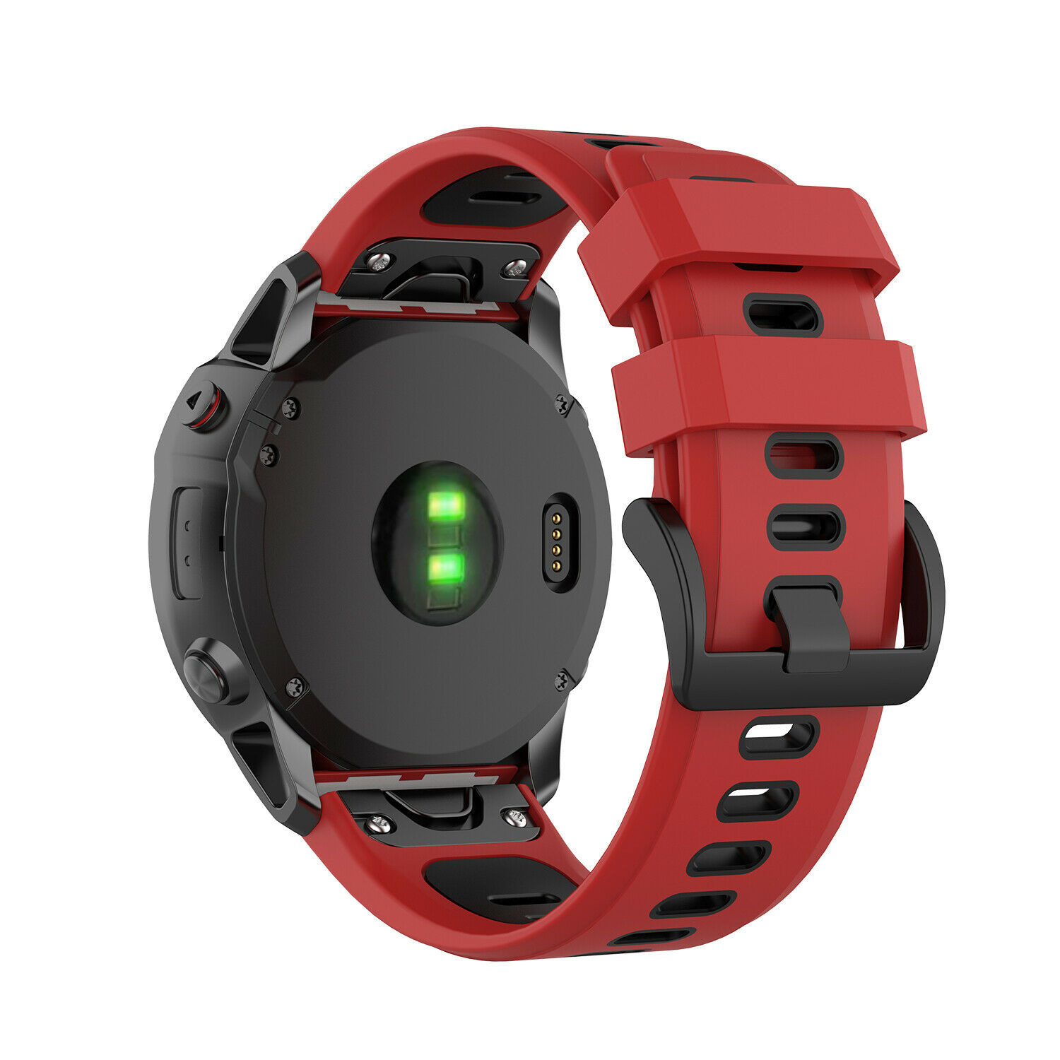Rotes Smartwatch-Armband an einer schwarzen Smartwatch. Das Armband hat eine Schnalle und einen Herzfrequenzsensor.