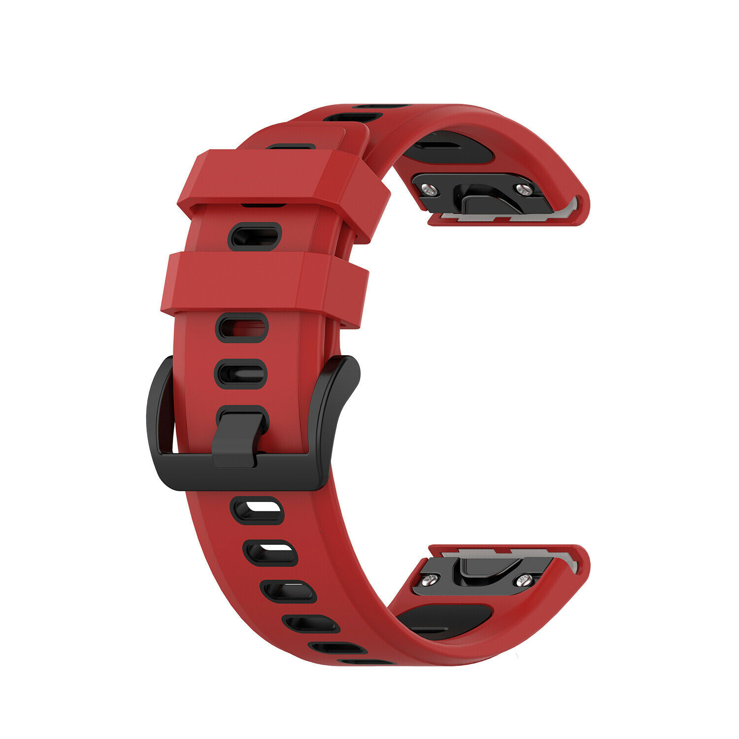 Ein rotes Uhrenarmband. Es hat eine schwarze Schnalle und schwarze Details. Das Armband ist gebogen und aus Gummi.