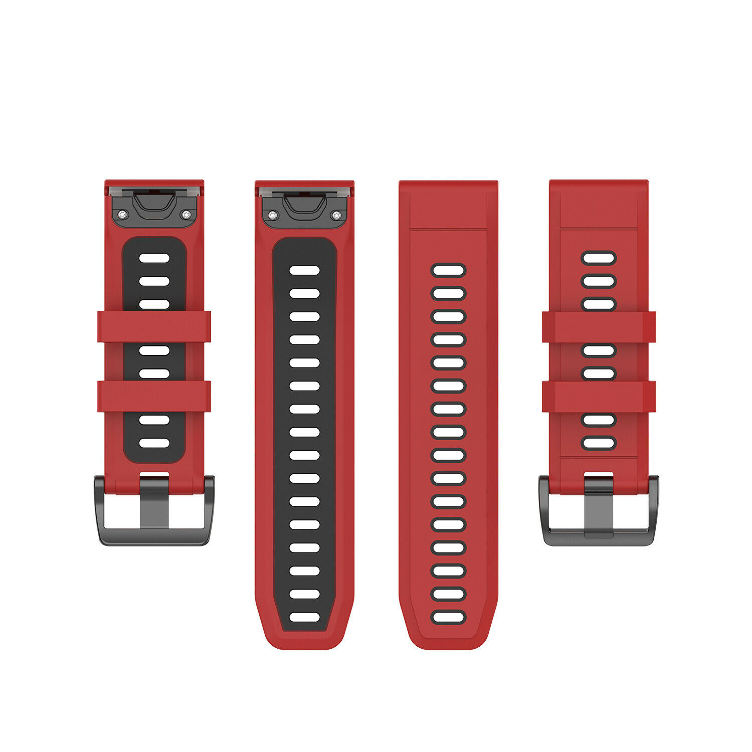 Rote Smartwatch-Armbänder im Flatlay. Vier Armbänder werden angezeigt, die Banddetails und Verschlüsse zeigen.