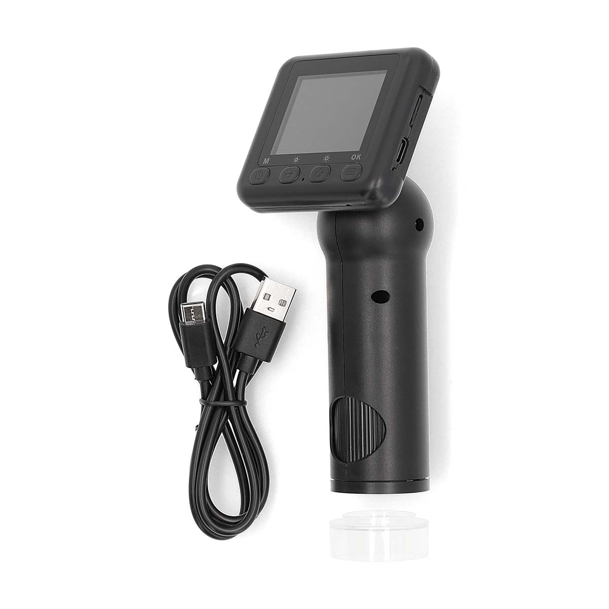 Schwarzes Mikroskop mit Bildschirm und USB-Kabel. Am Boden eine transparente Linsenabdeckung.
