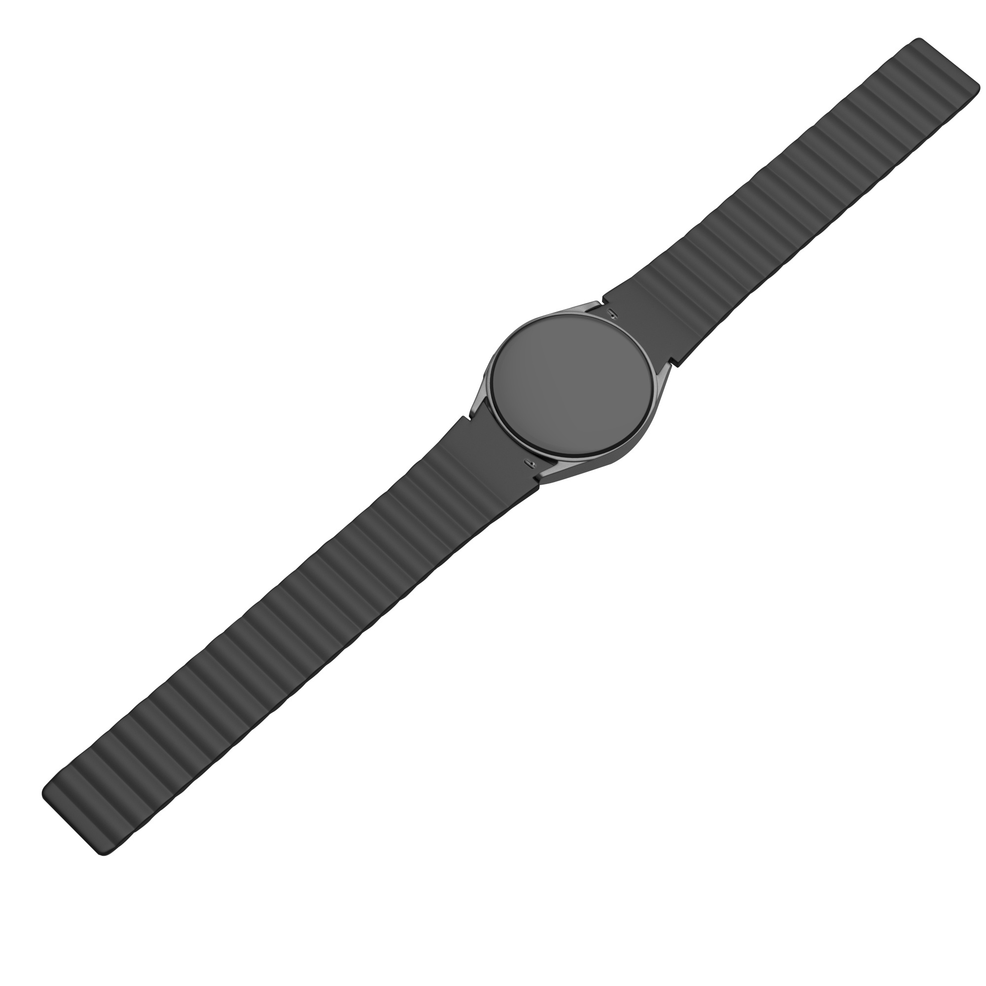 Eine schwarze Smartwatch mit Armband, diagonal auf weißem Hintergrund liegend.