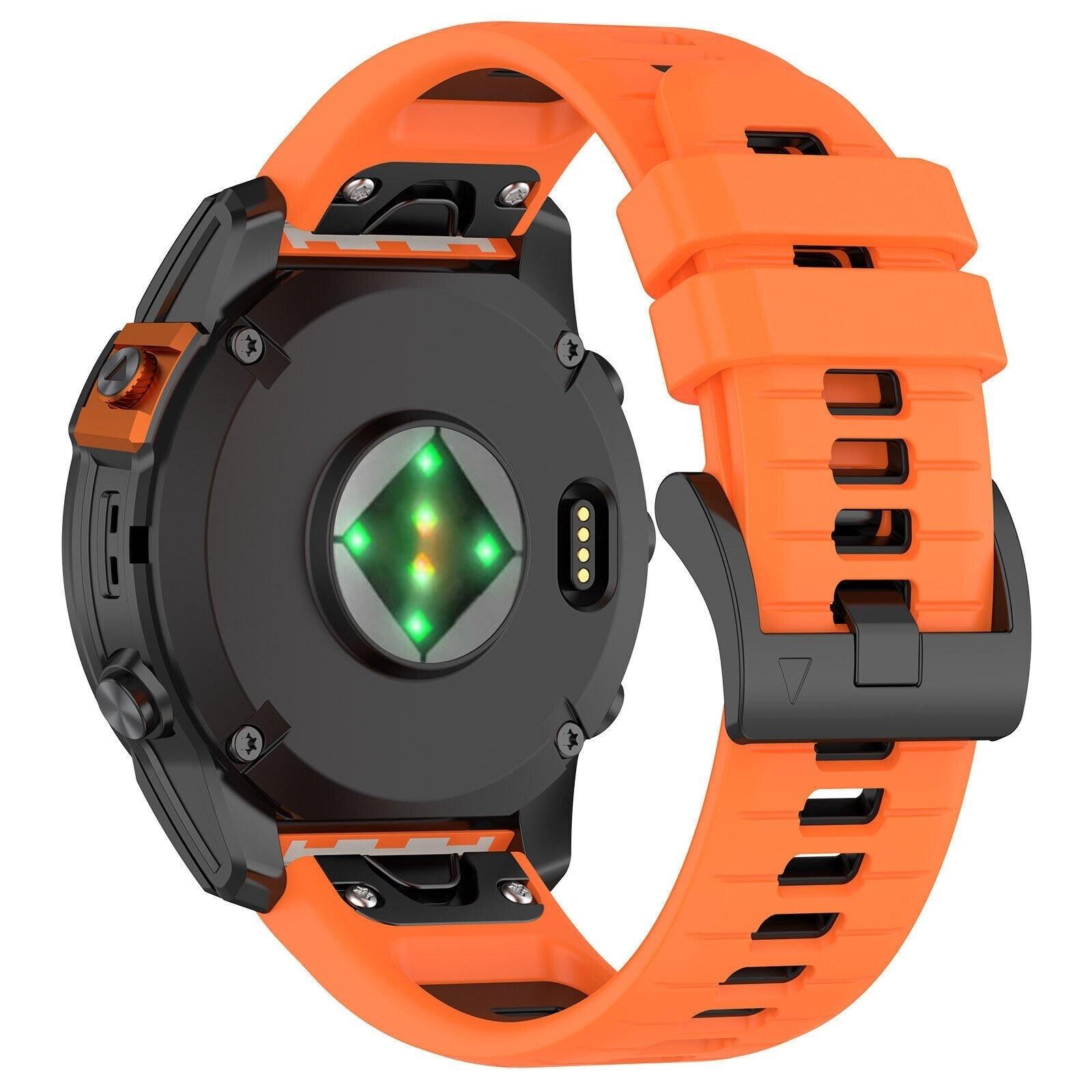 Oranges Uhrenarmband an einer schwarz-orangenen Smartwatch. Die Rückseite ist sichtbar.