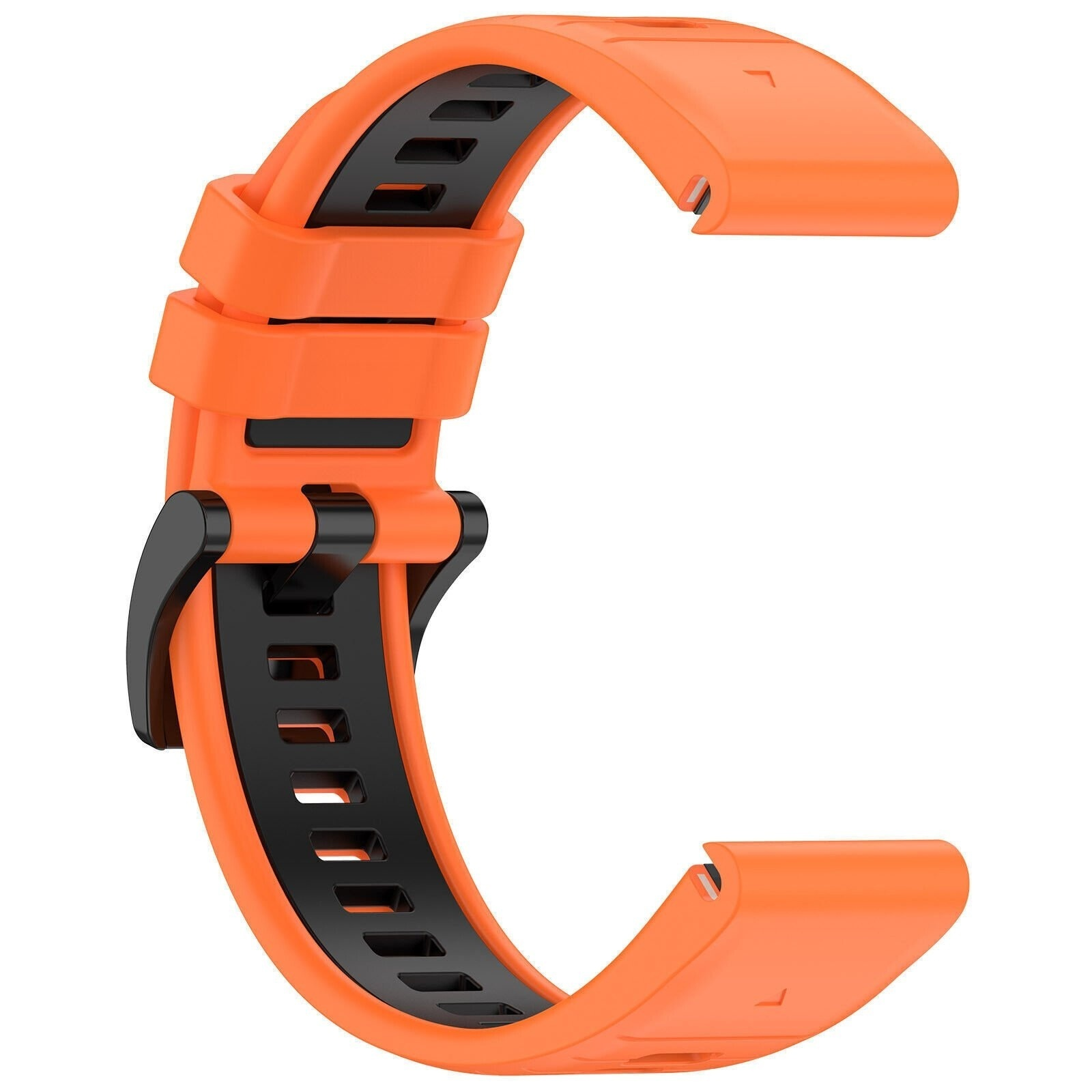 Oranges Uhrenarmband mit schwarzen Innendetails. Das Armband ist gebogen und bereit zum Anbringen.