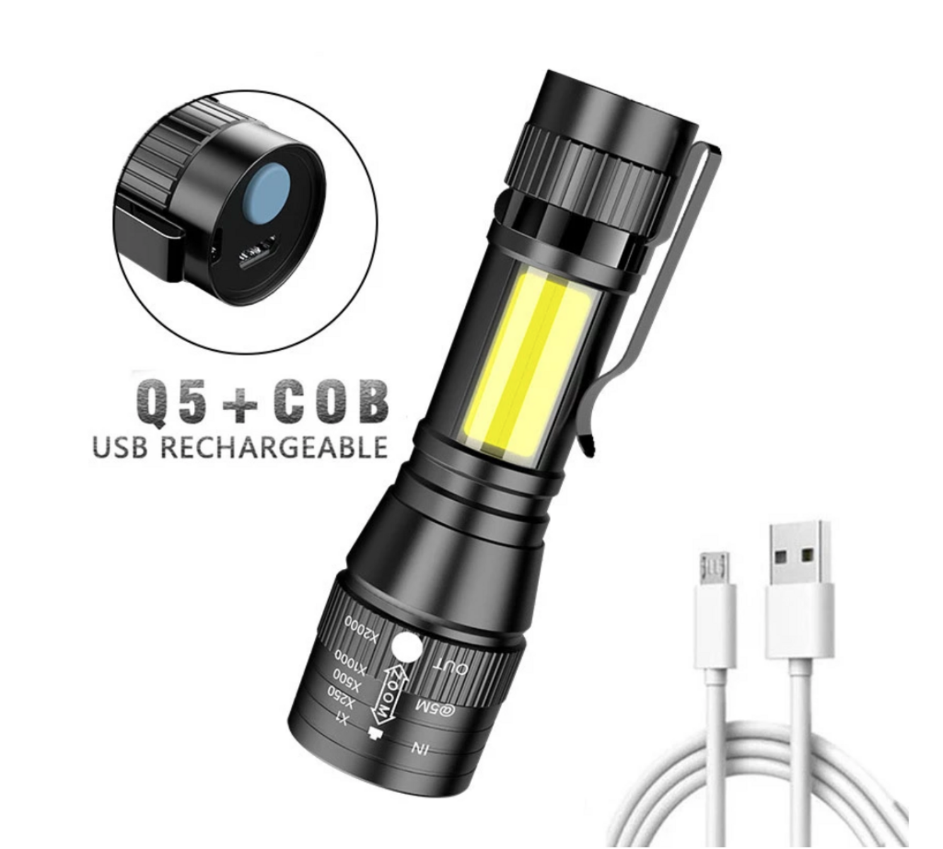 Schwarze Taschenlampe mit Zoom, USB-Kabel und einem kleinen Licht oben. Text: Q5+COB.
