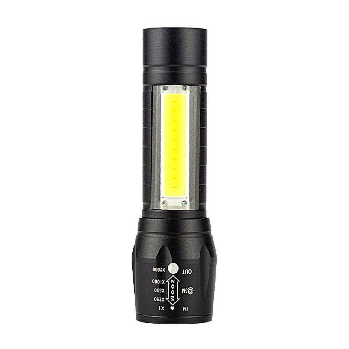Schwarze Taschenlampe mit COB-Lichtpanel, Zoomeinstellungen und Ein/Aus-Schalter.