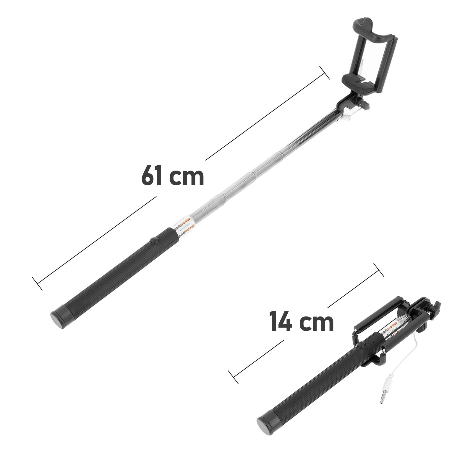 Ein Selfie-Stick, ausgefahren auf 61 cm und zusammengeklappt auf 14 cm, mit Handyhalterung und Griff.