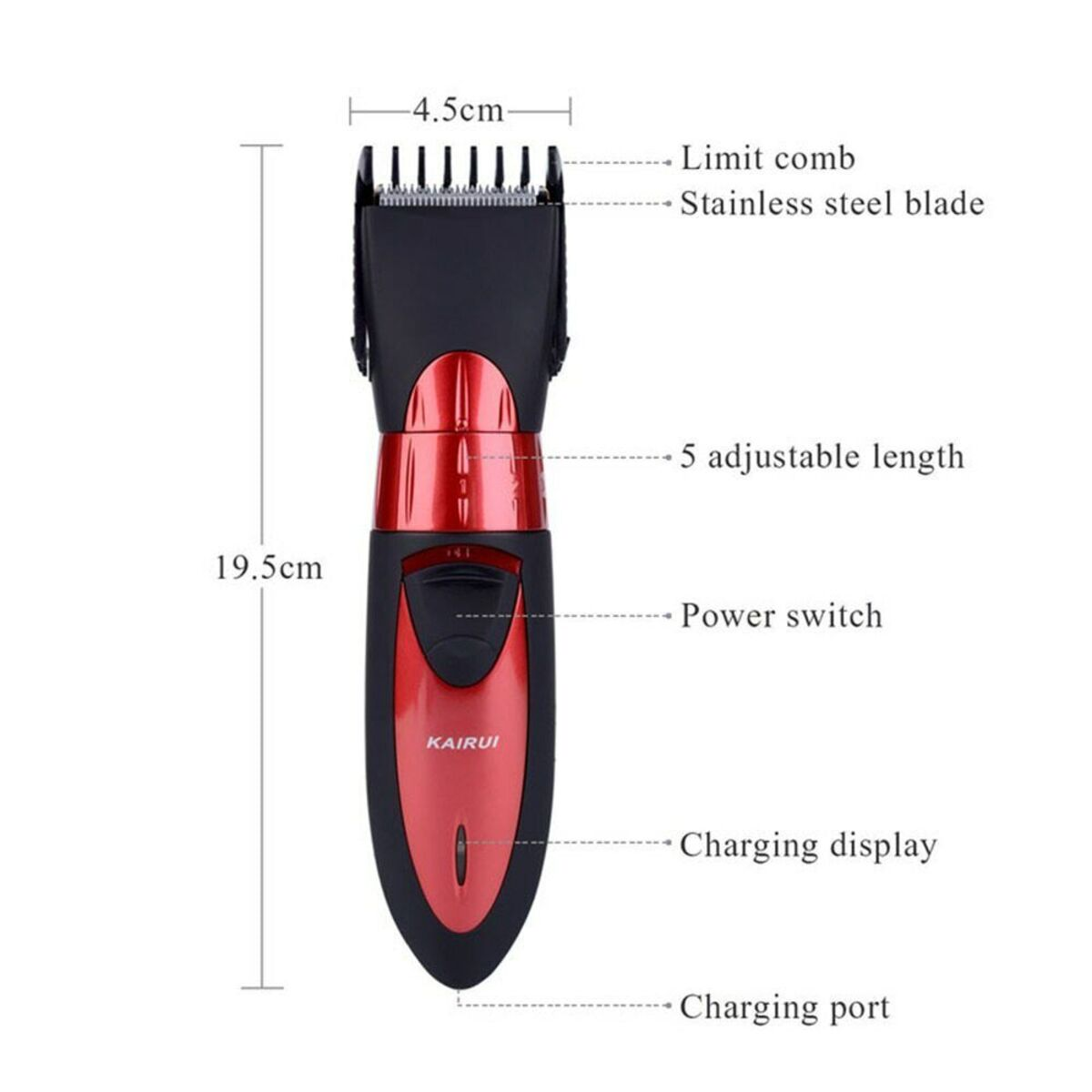 Ein rot-schwarzer Haarschneider. Das Bild zeigt Abmessungen und Beschriftungen wie "Charging display" und "Stainless steel blade".