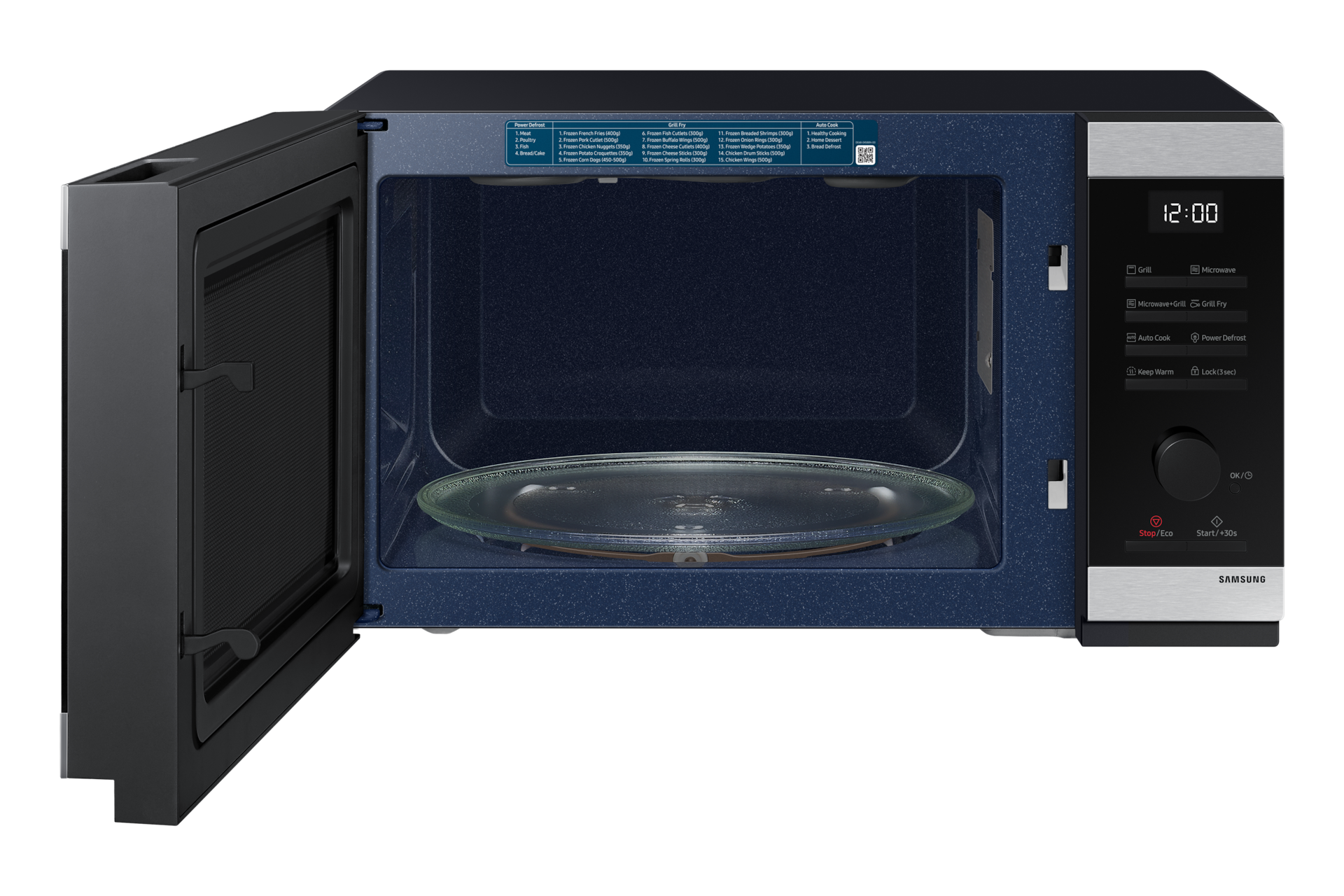 Mikrofalówka z otwartymi drzwiami. W środku szklany talerz. Sterowanie po prawej.