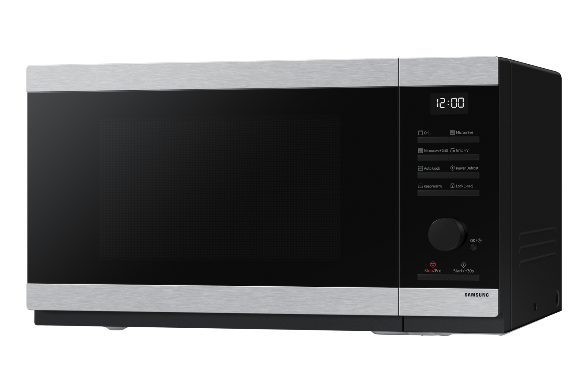 Kuchenka mikrofalowa Samsung, czarno-srebrna. Przyciski i pokrętło po prawej stronie. Wyświetlacz cyfrowy.