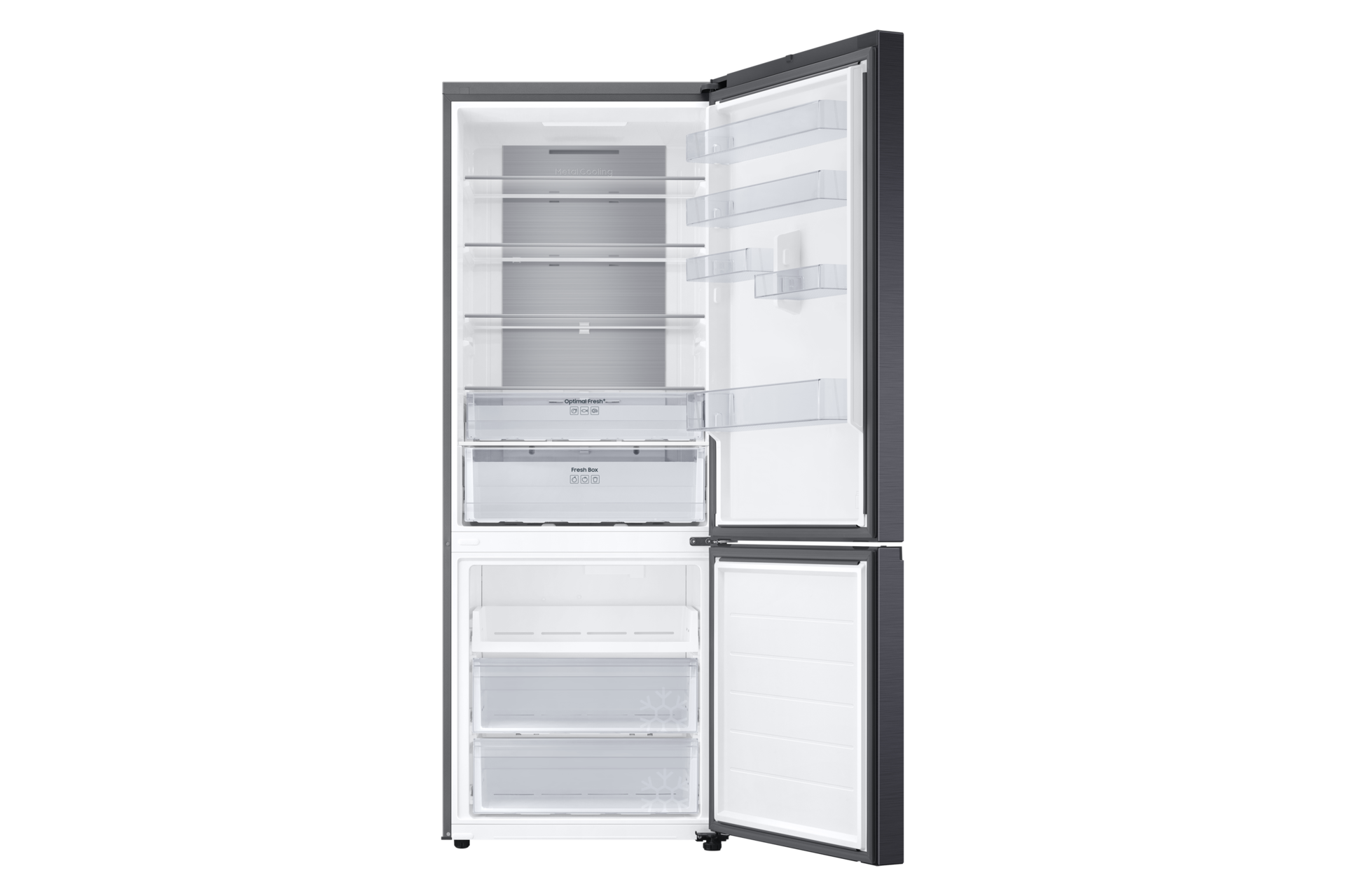 Moderner schwarzer Kühlschrank mit geöffneten Türen, Innenansicht mit Regalen und Schubladen.
