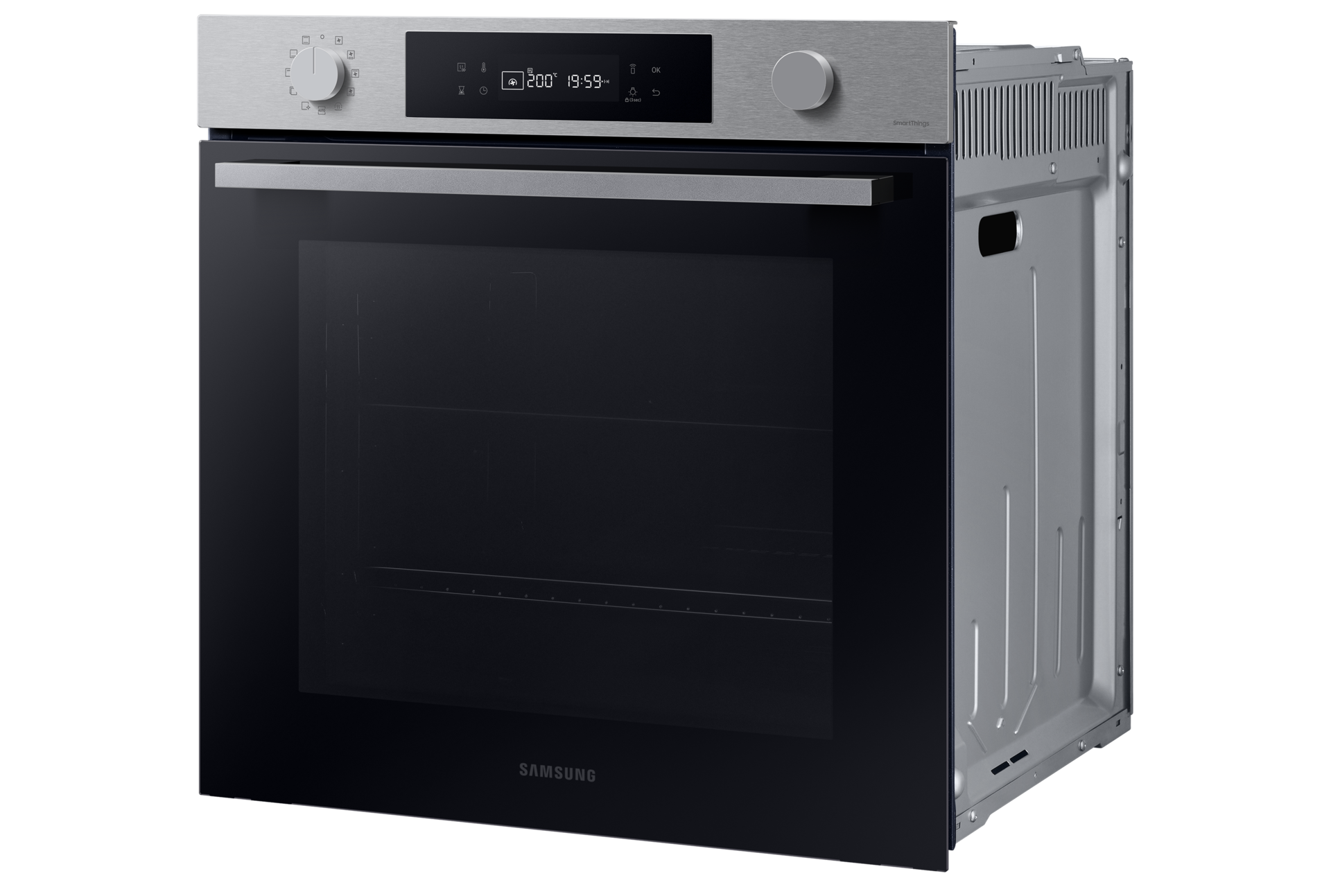 Ein Backofen mit schwarzer Glastür, Edelstahl-Finish und Digitalanzeige.