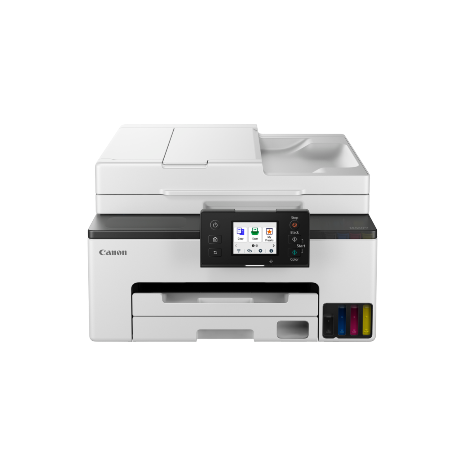 Biała drukarka Canon. Posiada panel sterowania, podajnik papieru i kolorowe wkłady atramentowe na czarnym tle.