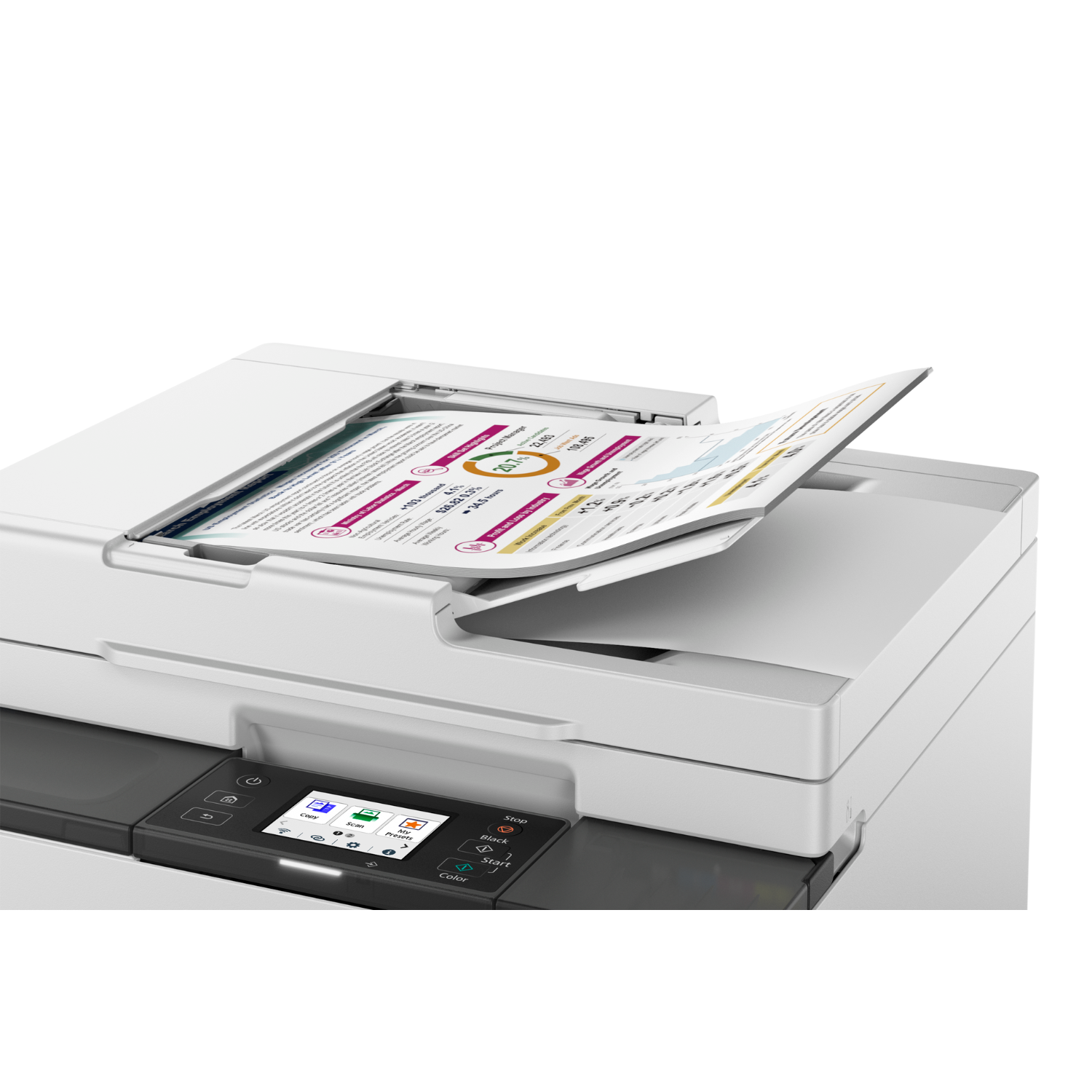 Drukarka ze skanowanym dokumentem. Panel sterowania pokazuje wyświetlacz i przyciski. Białe tło.